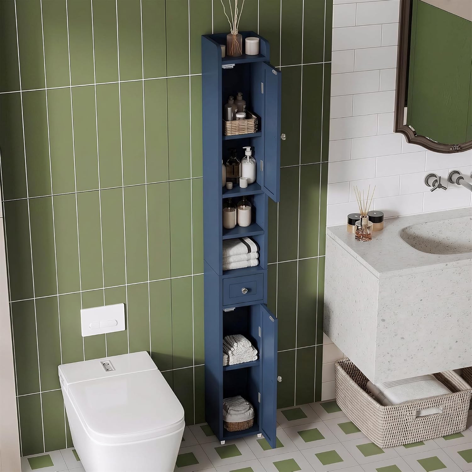 ChooChoo Narrow Bathroom Storage Cabinet with Adjustable Shelves, Tall Storage Cabinet with 2 Doors and 1 Drawer, Freestanding Cupboard for Small Spaces, Blue