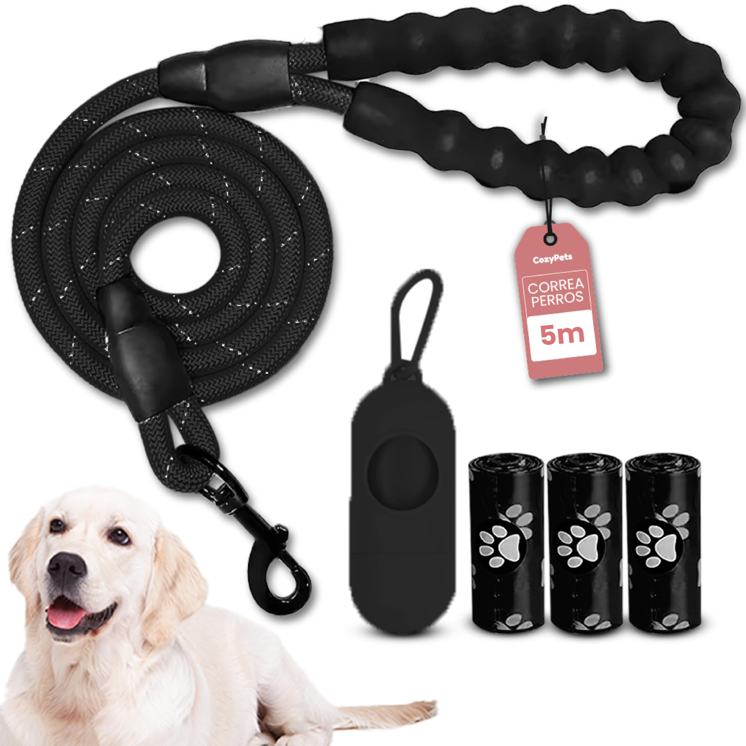 COZYPETS Correa para Perros Medianos y Grandes - Correa Perro de 5m con Mango Acolchado para Adiestramiento - Incluye 3 Bolsas para Excrementos y Dispensador - Duradera y Cómoda