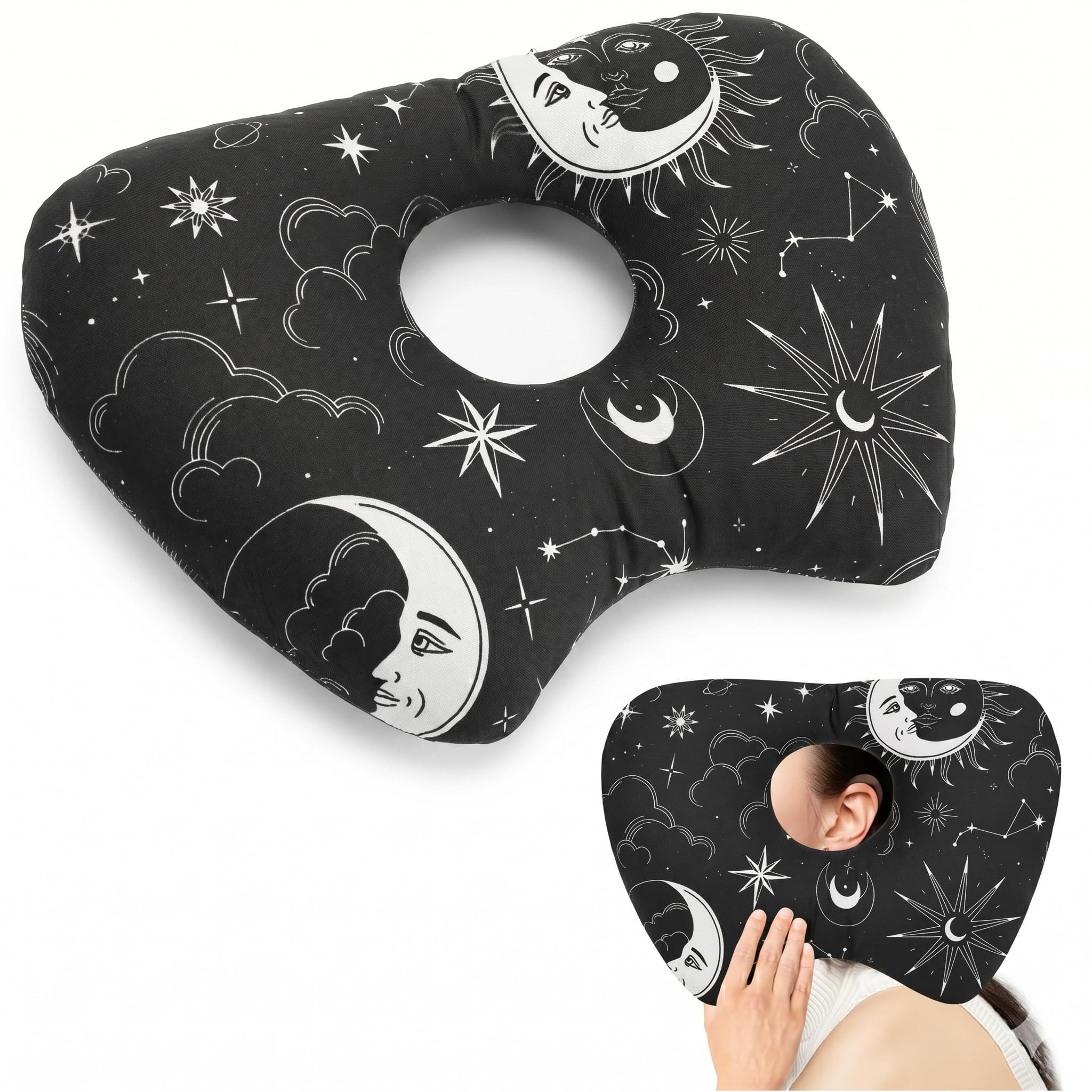 Ghshanog Ear Piercing Pillow for Side Sleepers,40x30cm Ear Pillow with Hole,Polyester & Cotton Orthopedic Support Soft Donut Pillows for Cnh and Ears Pain Inflammation Pressure Sores(Black)