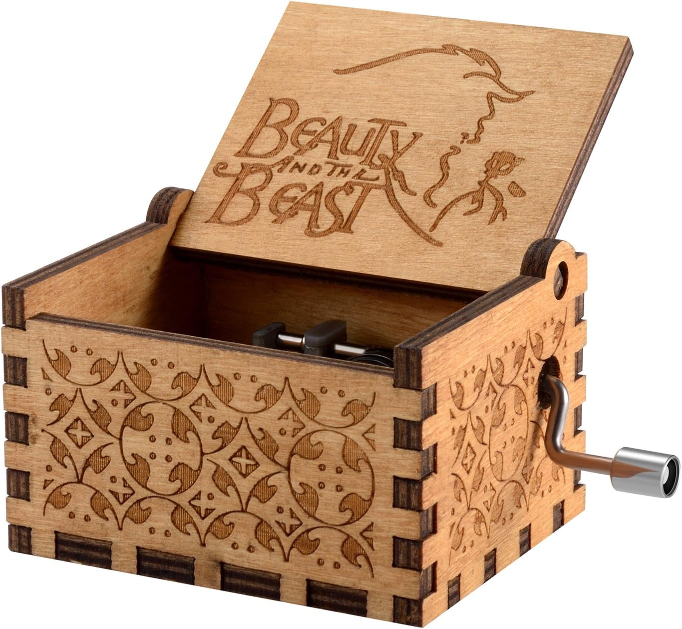 Wooden Hand Crank Beauty and the Beast Theme Music Box, 18 Note Mechanism Antique Carved Musical Box Best Gift For Kids,Friends