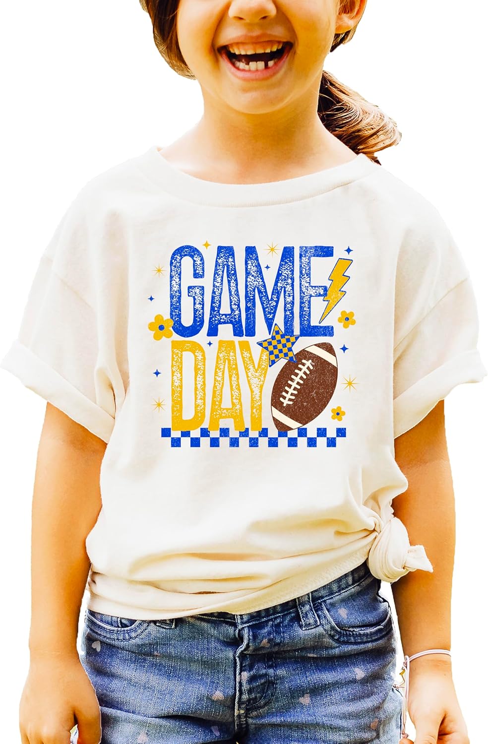 Trendy Game Day T-Shirt for Women, Youth and Toddlers Blue and Yellow Sports Game Day Tee