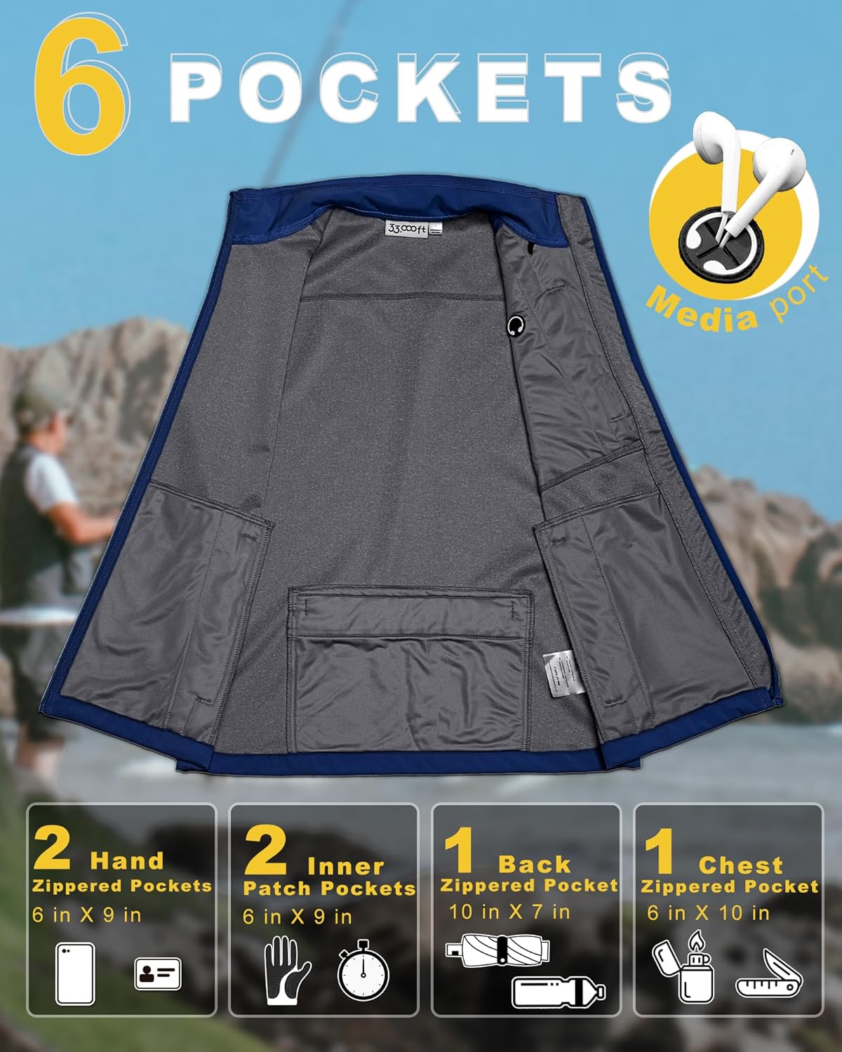 33,000ft Men's Windproof Lightweight Golf Vest Outerwear with Pockets, Softshell Sleeveless Jacket for Running Hiking Sports - Image 3