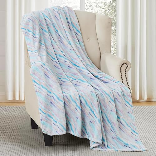 Manta decorativa de forro polar azul suave felpa de terciopelo de terciopelo abstracto acento de cascada para sofá, silla, sofá cama o dormitorio,