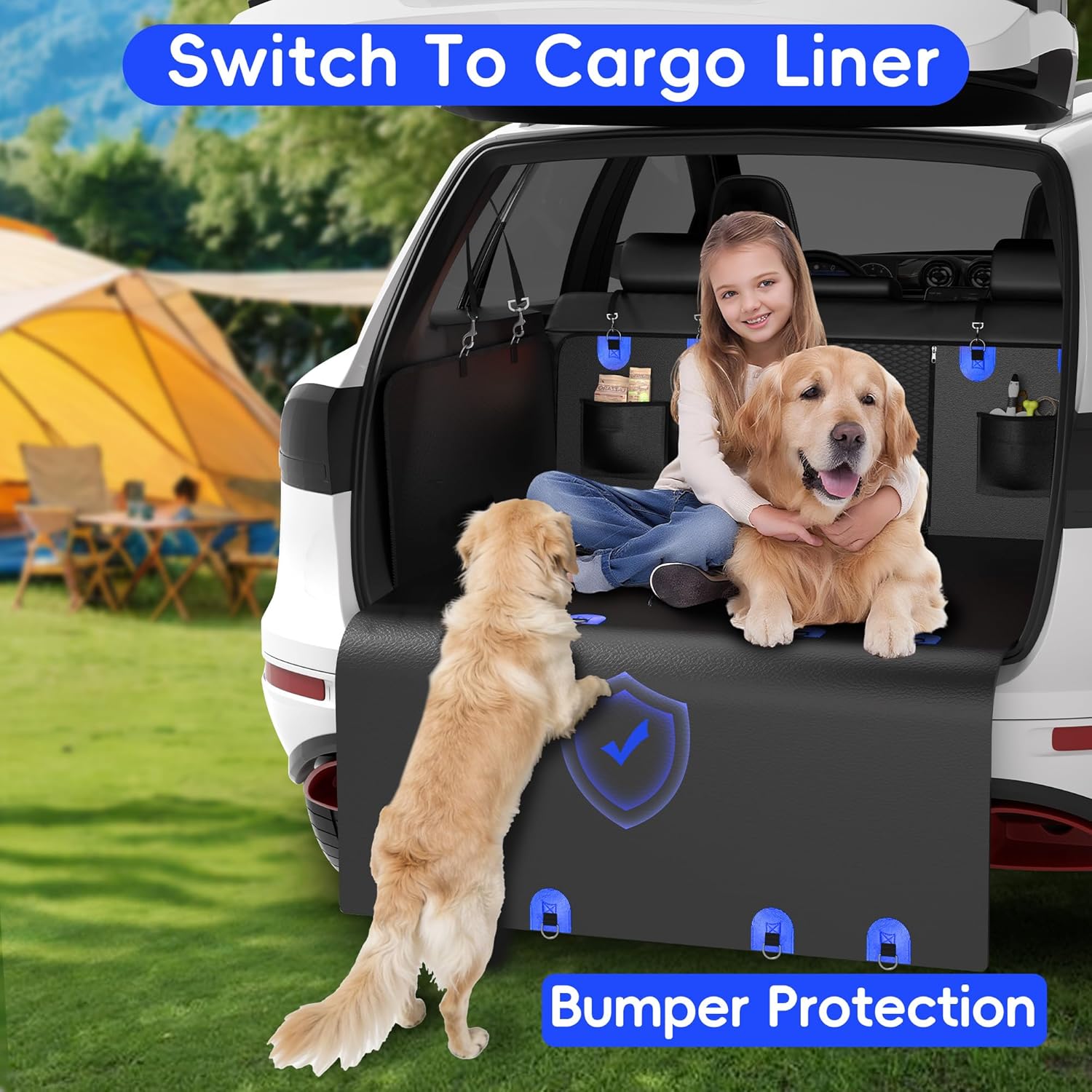 2-In-1 Heavy-Duty Hard Bottom Dog Hammock for Car, 100% Waterproof PU Leather Backseat Cover, Zipper Side Flaps, Non-Slip Extender for Large/Elderly Dogs & Multi-Dog Families,Fits Sedan/SUV/Med.Truck