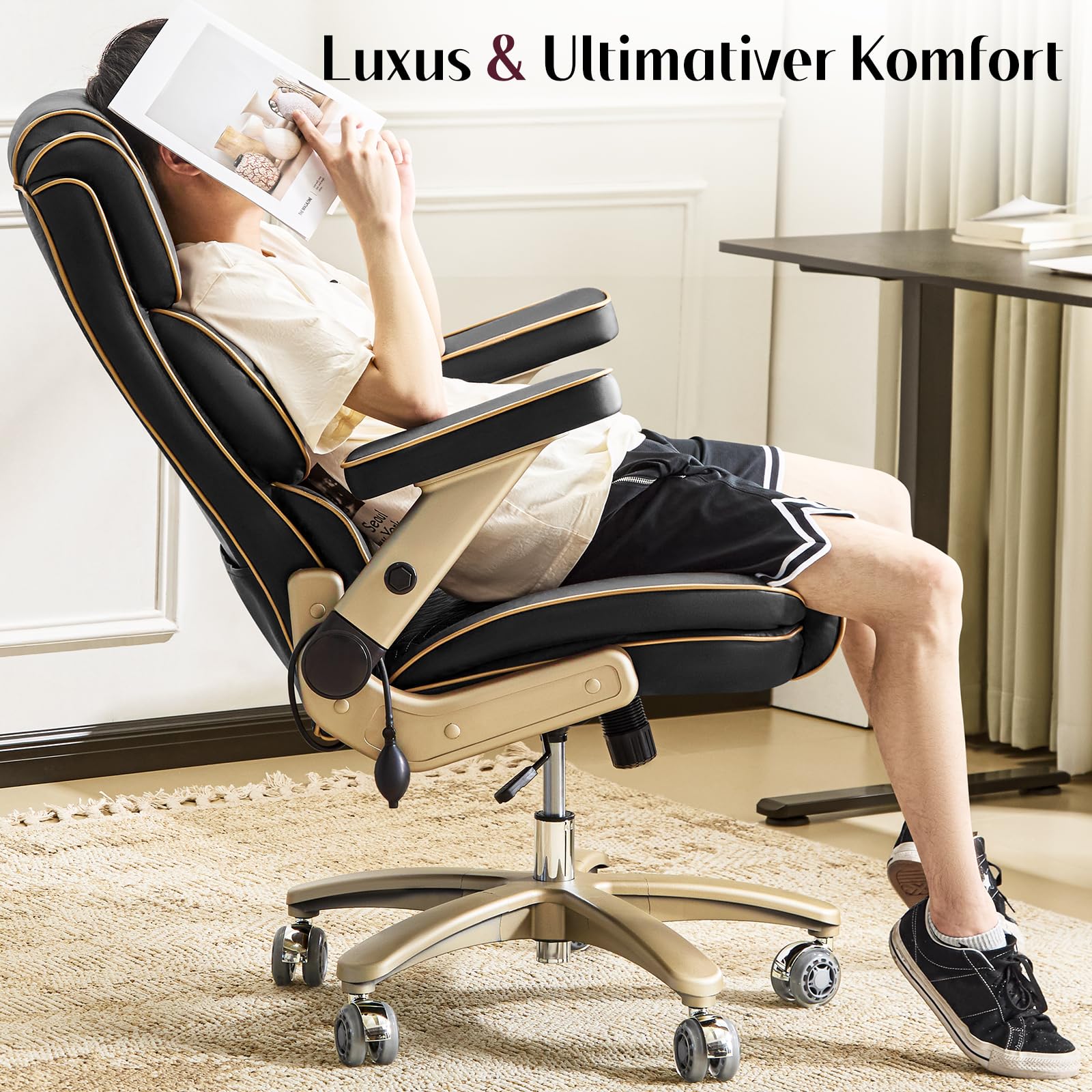 Big and Tall Bürostuhl 230kg, Ergonomischer Chefsessel aus Leder mit Komfortsitz, 5D Armlehnen, Verstellbarer Lendenstütze, Hoher Rücken, Großer Drehstuhl für Home Office, Schwarz