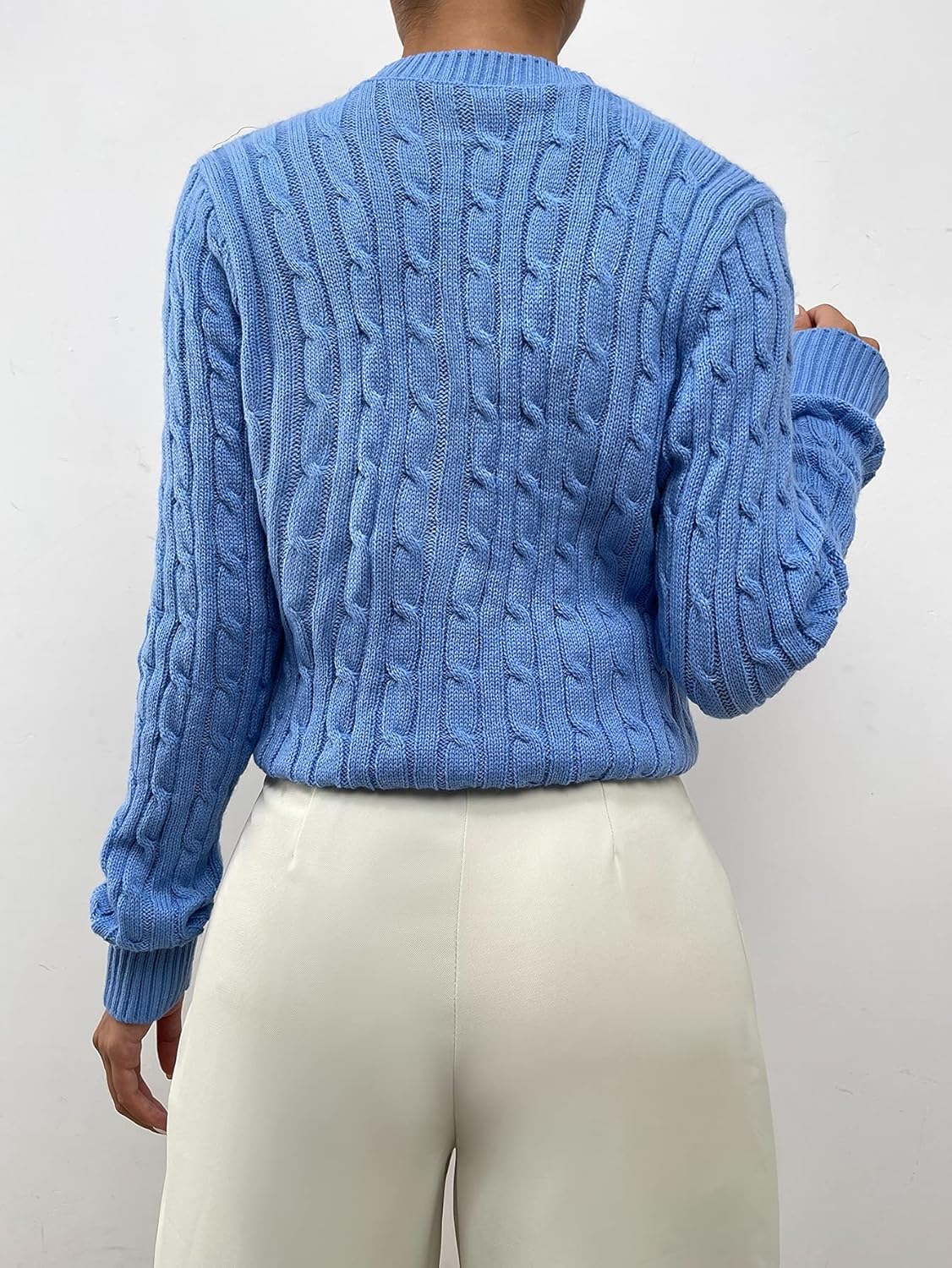 Sweater Womens Sweater Solid Cable Knit Sweater (Color : Blue, Size : Large)