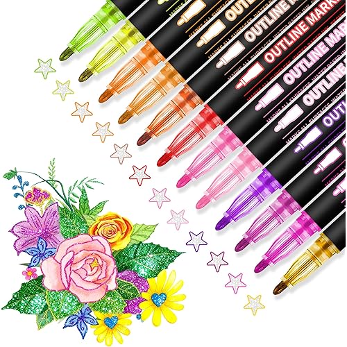 Metallic Markers Glitter Paint Pens - 24 Colors Shimmer Outline Acrylic Marker Teen Girl Gifts Christmas Stuffs - Art Supplies Crafts for Easter Gel Pens for Coloring Drawing Writing on Scrapbooking