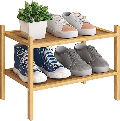 BMOSU Zapatero pequeño de bambú de 2 niveles apilable de alta calidad, organizador de almacenamiento para pasillo, armario, sala de estar,