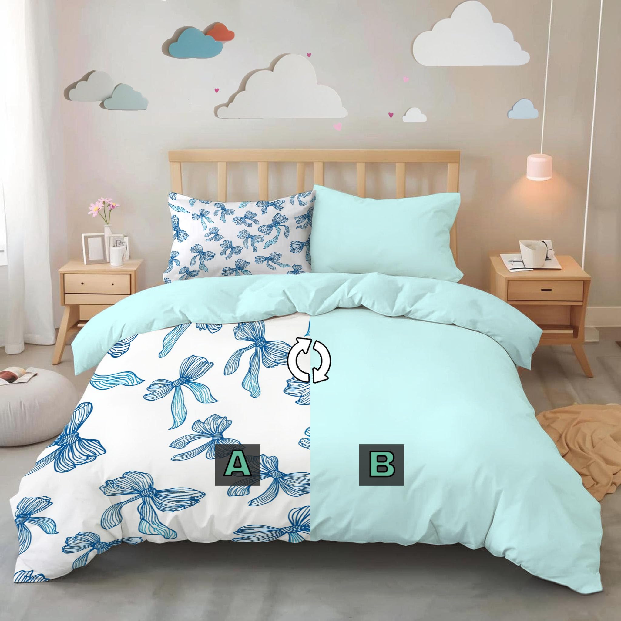 Completo Copripiumino 240X220Cmmatrimoniale, Set 3 Pezzi Con 2 Federe, Stampa Grazioso Fiocco Di Nastro, Microfibra Morbida Traspirante, Chiusura Con Cerniera, Linee Tracciate A Mano, Blu Bianco