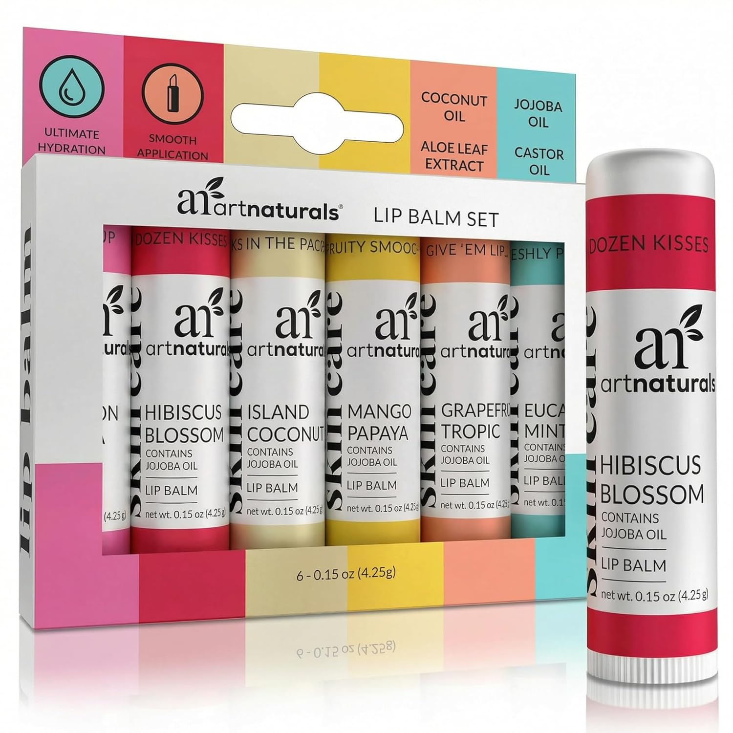 ArtNaturals Beeswax Lip Balm Gift Set 6 Pack Assorted Flavors with Coconut Oil Aloe Jojoba Oil Hydrating Nourishing
