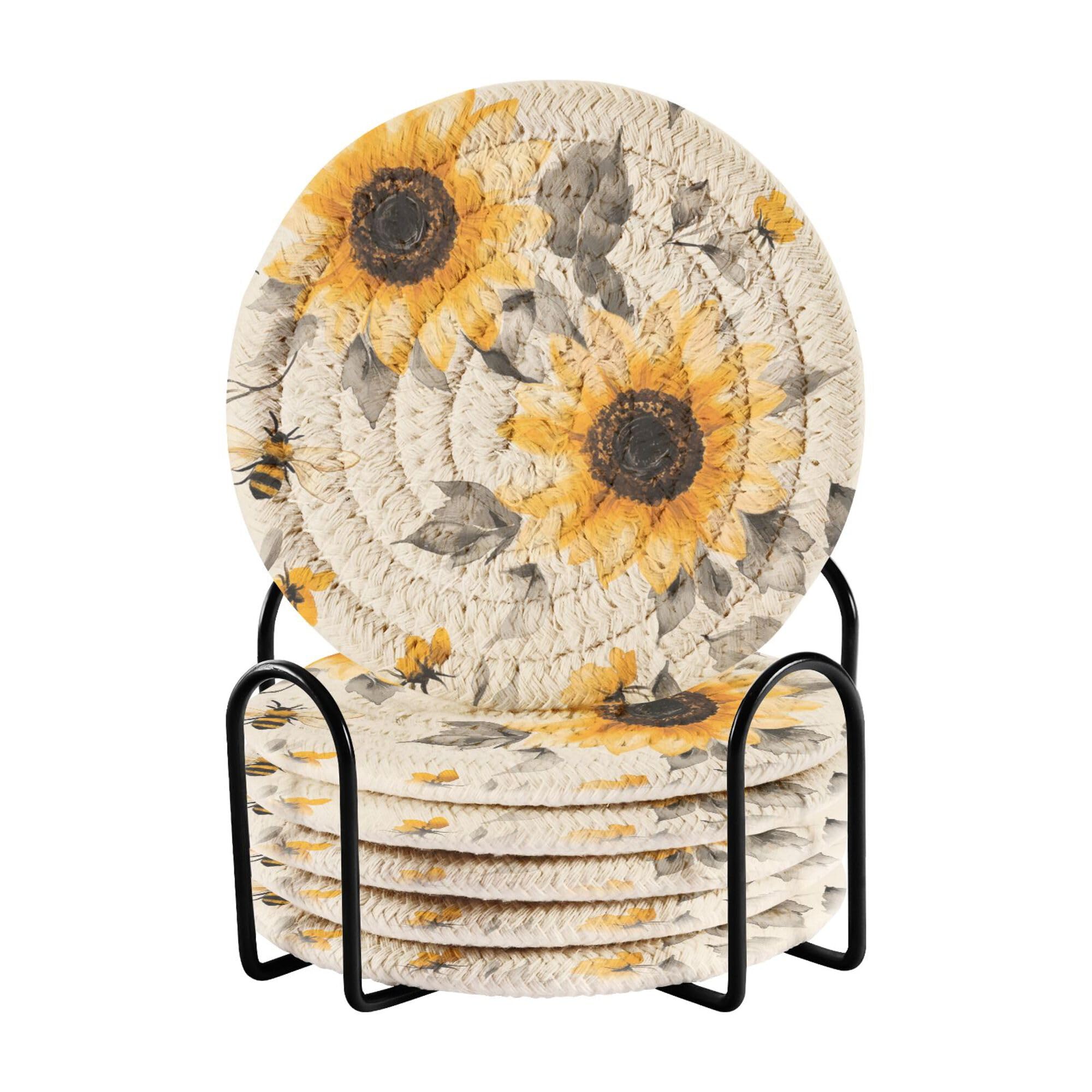 Aesthetic Sunflower Neutral Cotton Rope Coasters Absorbant with Holder Set of 6 Home Coasters