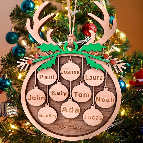 Personalized 2023 Christmas Ornaments, Customize 1-10 Names Christmas tree decoration Laser Engraved Names, Comes with a rope (5 Names, Antlers +