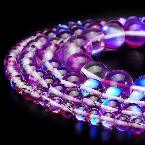 Miniatura 3 de RUBYCA Cuentas redondas de cristal de piedra lunar Aura iridiscente para fabricación de joyas (1 hebra, 0.315 pulgadas, morado)
