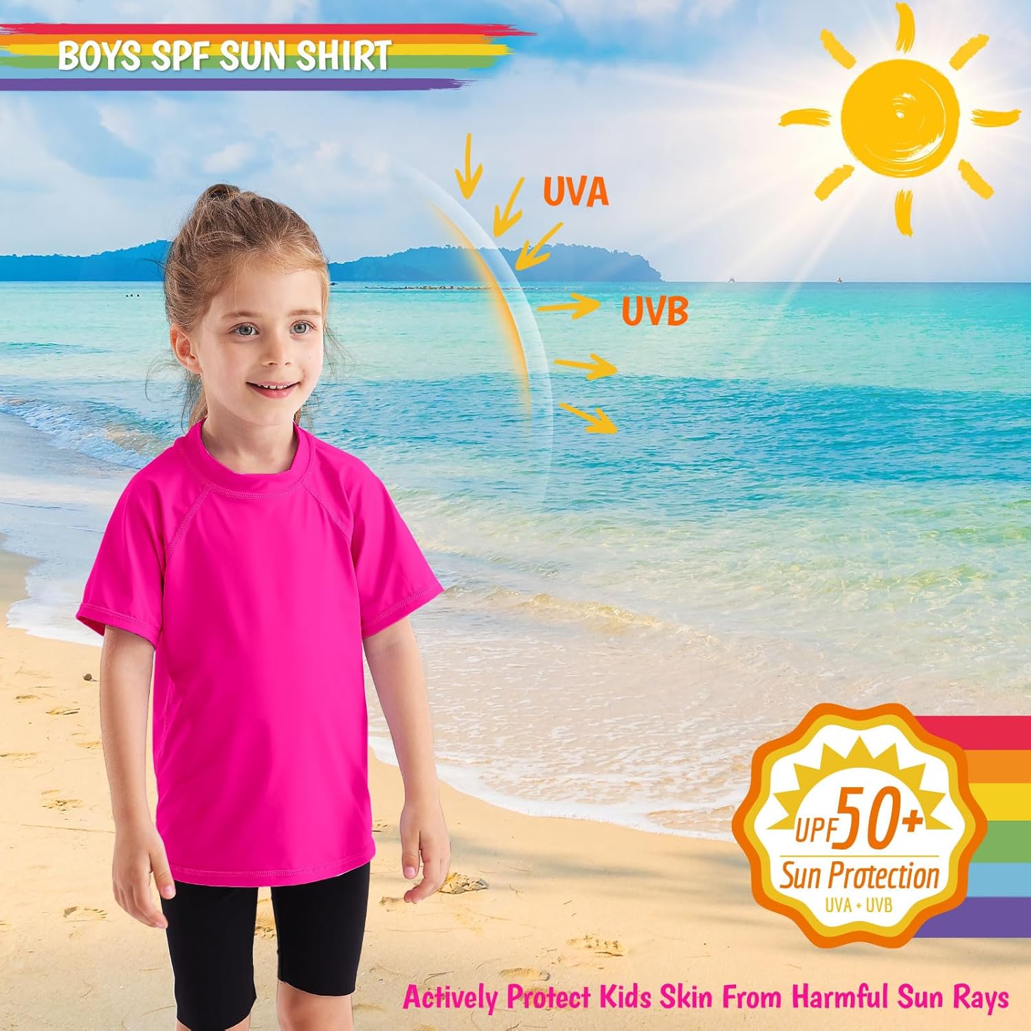Girls Rash Guard Swim Shirt Short Sleeve for Toddler Kids Youth Rashguard Water Shirt UPF50+ Swimming Fishing Sun SPF Tee Neon Pink 3-6M - Image 3