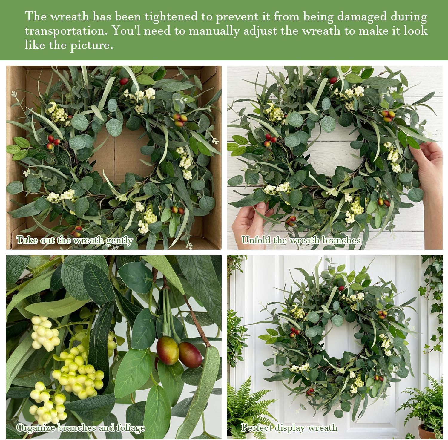 Jobflower 24 Inch Eucalyptus Wreath for Front Door, Artificial Greenery Wreath with Olive Fruit & Berries, Lush All Seasons Farmhouse Wall Decor for Spring Summer Year Round Outside Inside