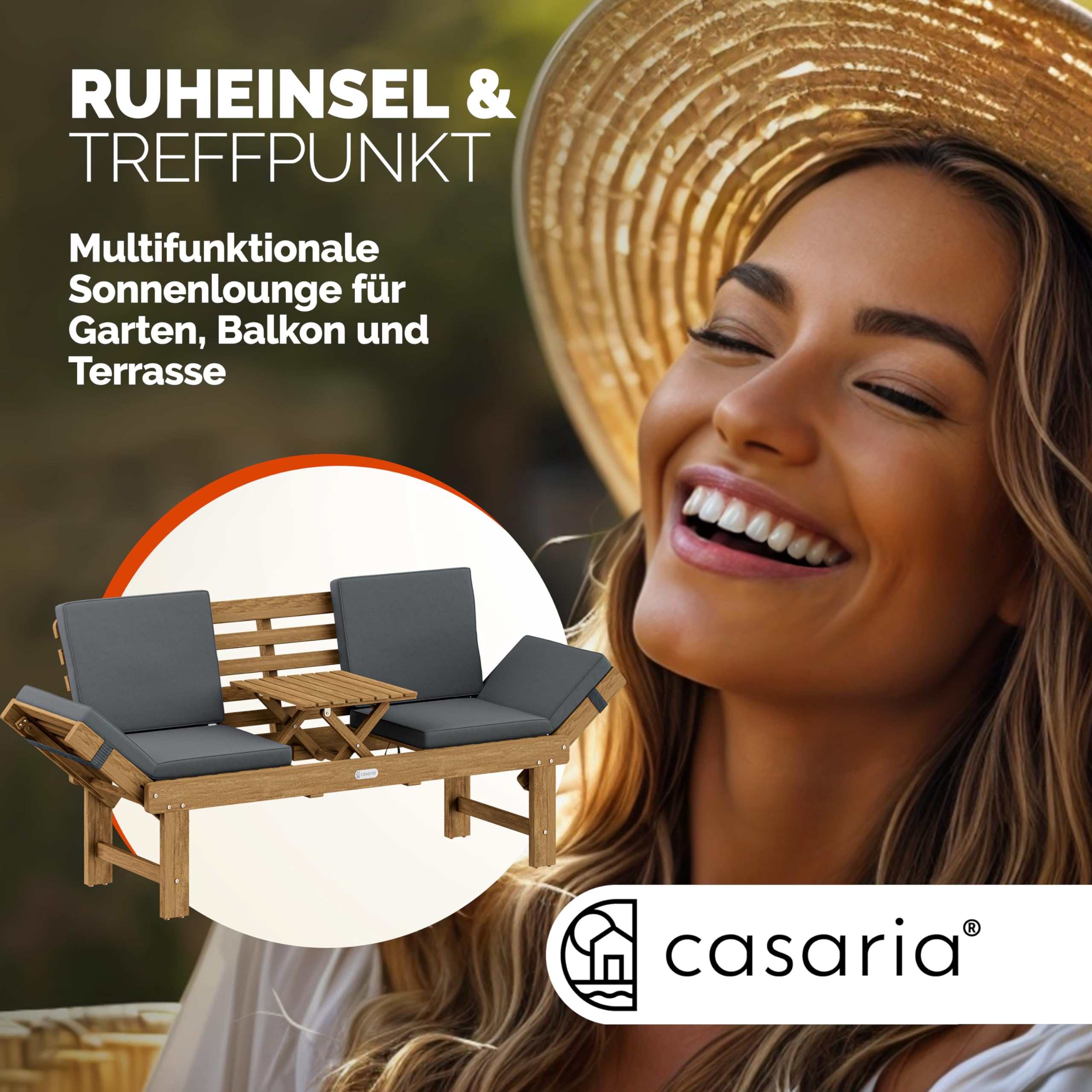 Casaria® Gartenbank Wetterfest Holz mit Tisch 200x50cm Klappbar 320kg Belastbar FSC®-Zertifiziert 3-Sitzer Garten Balkon Holzbank Akazie 3 Personen