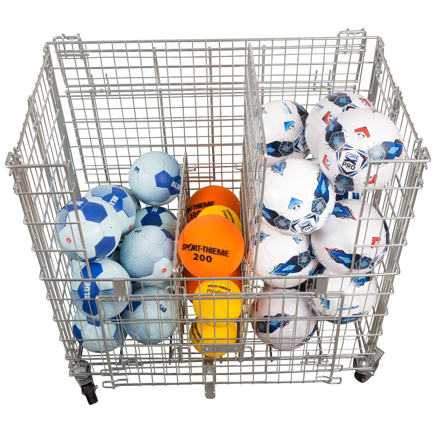 Sport-Thieme Materialwagen Jumbo XXL Plus | Transportwagen, Ballwagen mit einklappbarem Deckel | Trennwände, viel Stauraum für ca. 50 Größe 5 Bälle | 100x104x62,5 cm