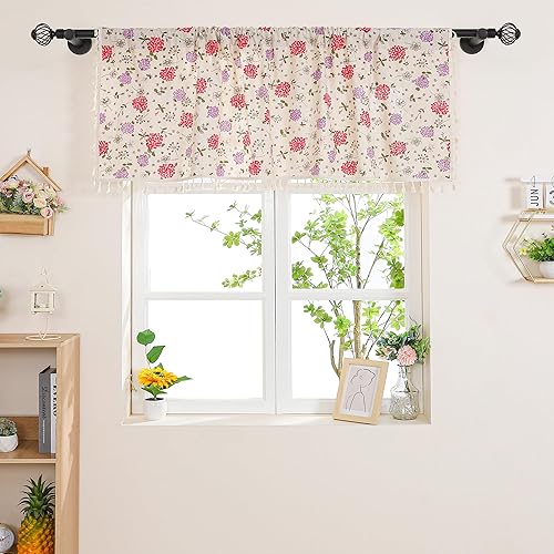 Miniatura 17 de Cenefa de mezcla de lino floral para ventana de 20 pulgadas de largo, cenefas de cortina de cocina con borlas, rosa rosa, retro, elegante, cortinas