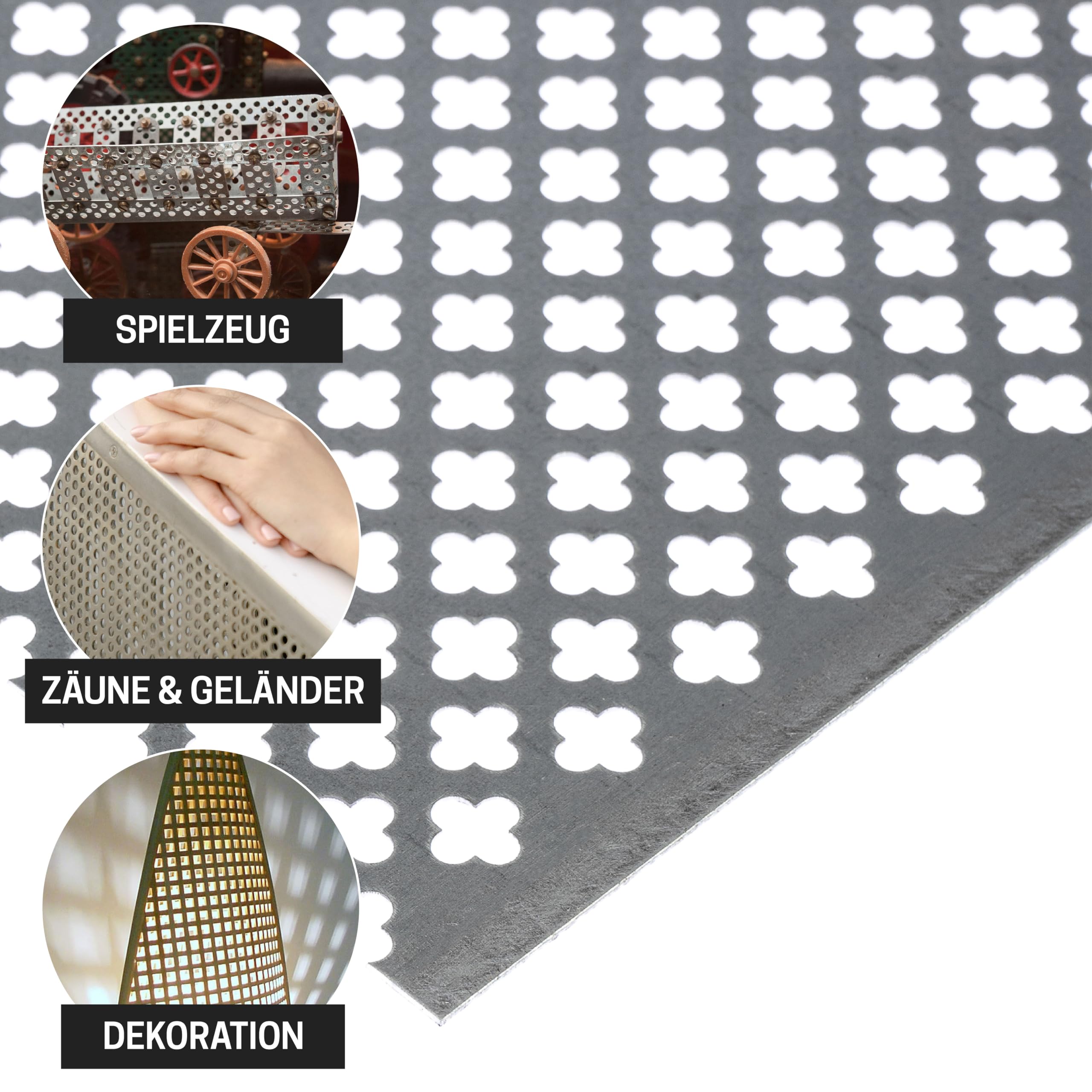 Produktbild von Verzinktes Kleeblatt-Lochblech – Stahl 1,0 Mm, 12/20, Individuell Zuschneidbar (z.B. 1000×600 Mm), Für Bau, DIY, Filter, Gitter