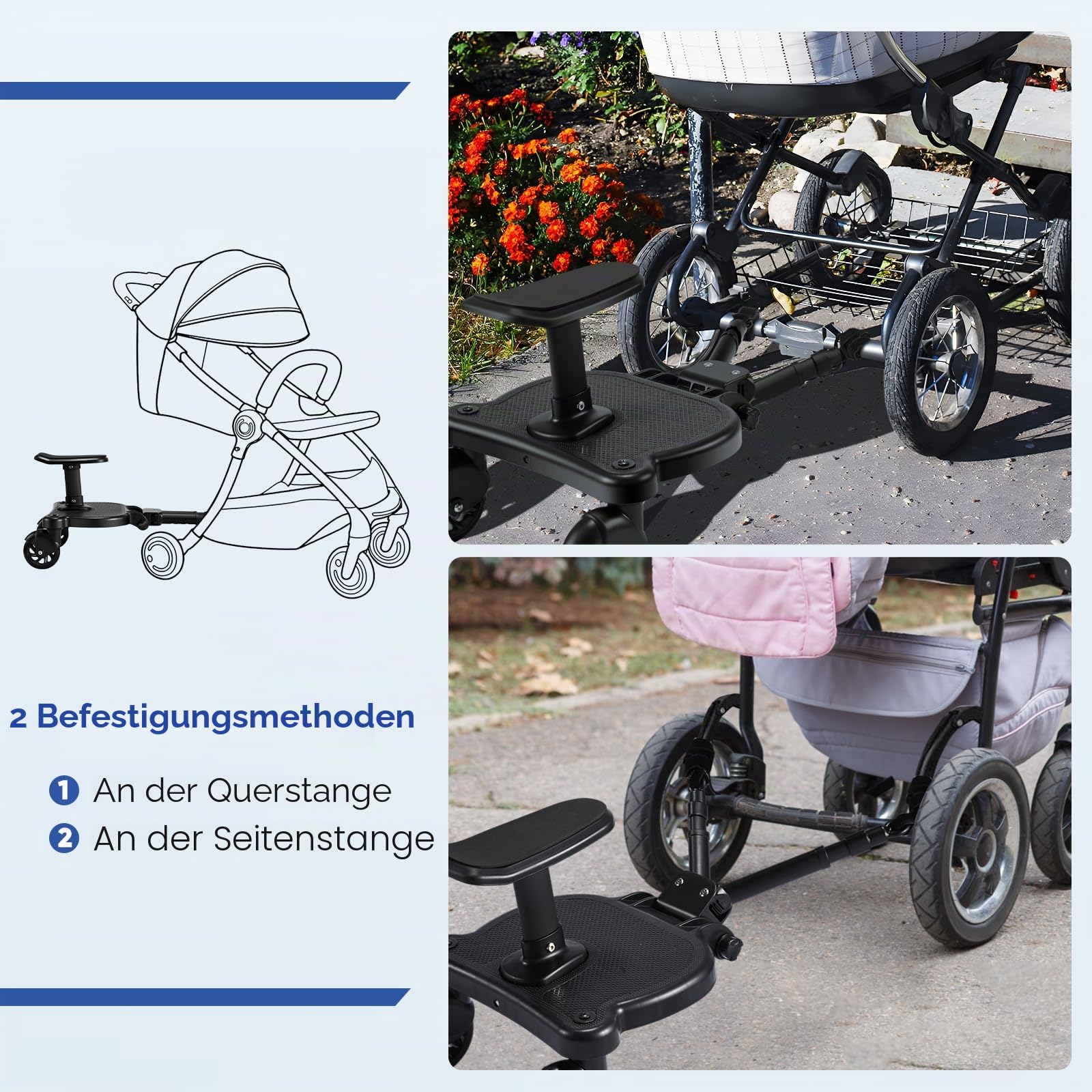 Buggy Board, Kinderwagen Trittbrett, Universal für alle Kinderwagen, Trittbrett Kinderwagenzubehör für Kinder von 2-6 Jahren, max. Belastung von 25kg, schwarze Räder