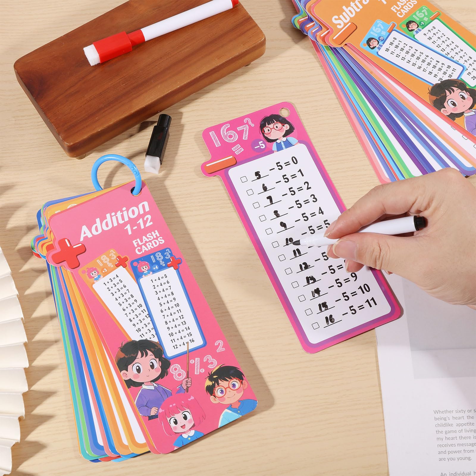 beinkmake 30Pcs Addition and Subtraction Flash Cards Time Table Flash Cards Reusable Math Flashcards with 4 Dry Erase Pens 2 Rings Self Check Classroom Home Learning Aids Number for Grades 1 to 3 - Image 3