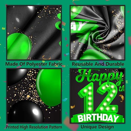 Miniatura 4 de Cartel de feliz cumpleaños número 12, color verde y negro, telón de fondo con texto en inglés "Cheers to 12 years old confeti", globos de confeti,