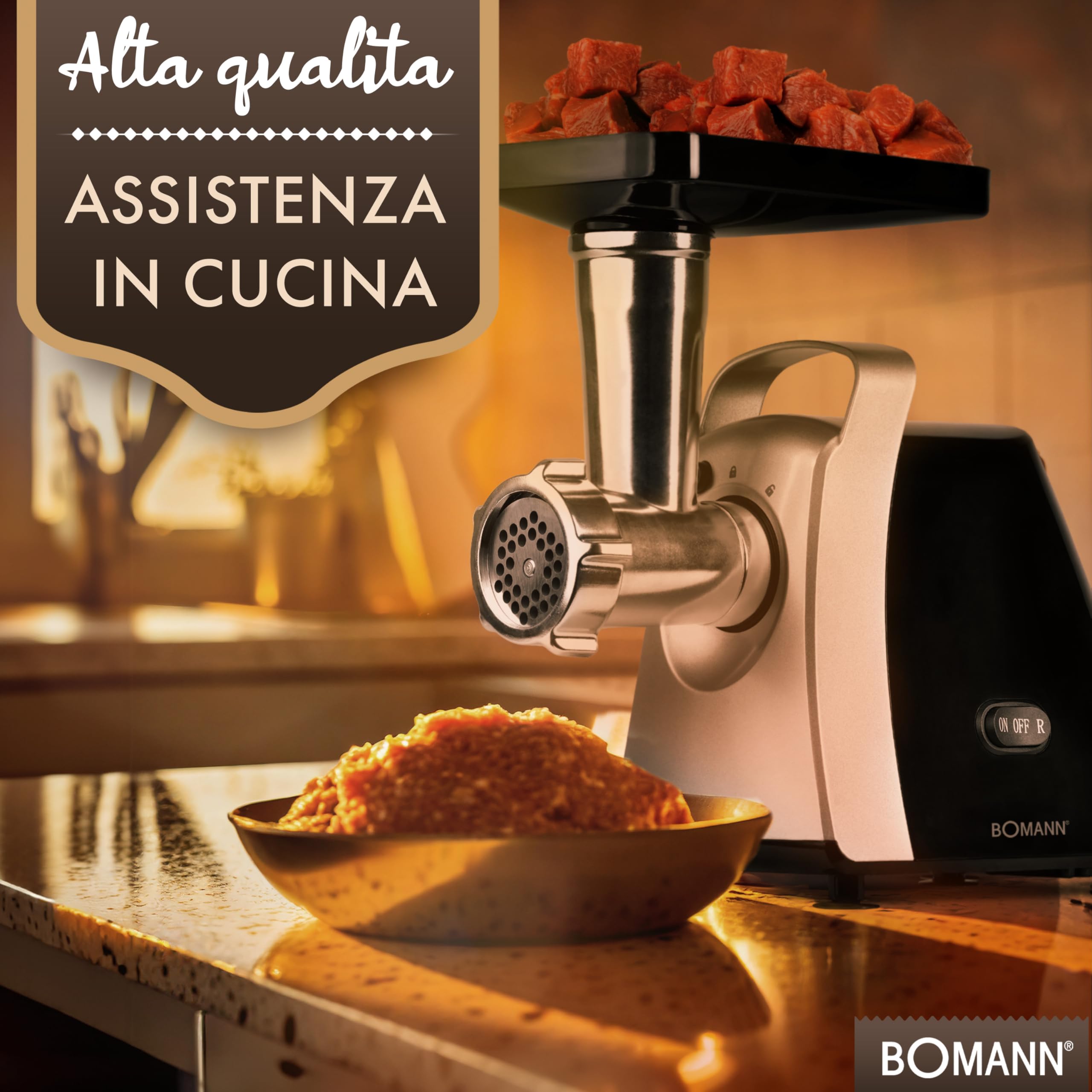Bomann® tritacarne elettrico 1000W, accessorio per biscotti/spritz, 3 dischi trafila in metallo, funzione avanti e retromarcia, insaccatrice inclusa, corpo e coclea in metallo, FW 6067 CB