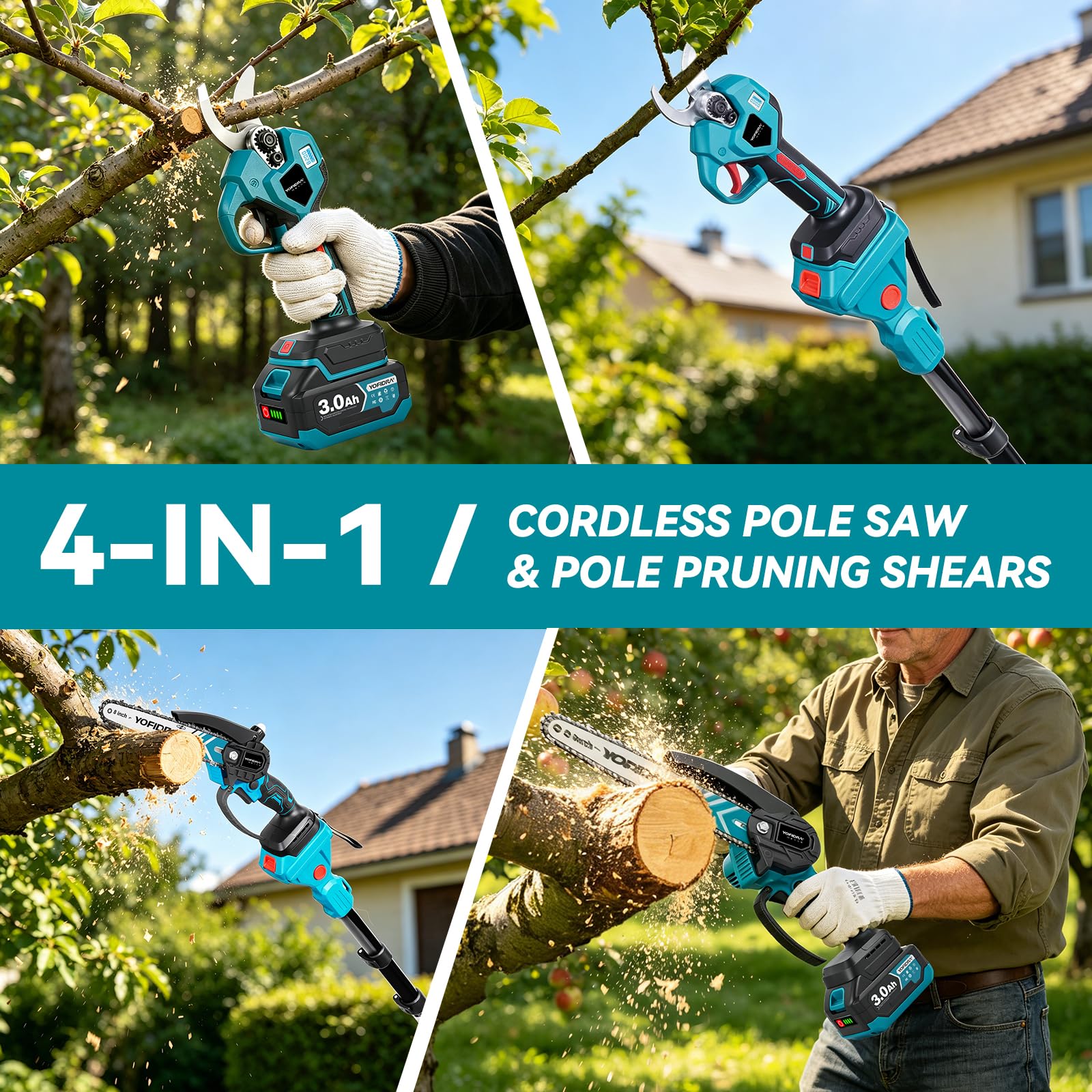 Yofidra Kit 4-en-1 d’Élagueuse et Tronçonneuse sur Perche, 8” Tronconneuse & 30 mm Sécateur Électrique Sans Fil, avec 2 Batteries 3,0 Ah, Portée Maximale Jusqu'à 4,2 m