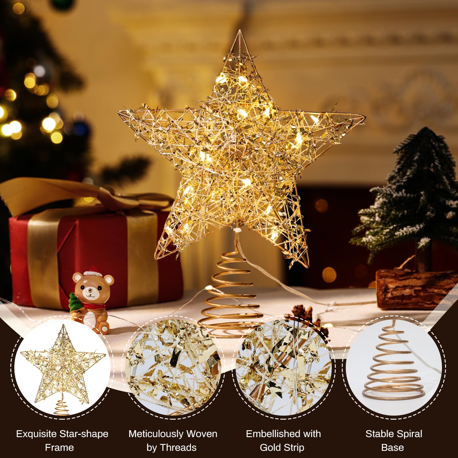 Puntale Stella LED Per Albero Di Natale - Oro, A Batteria, 21x25 Cm - Decorazione Luminosa E Elegante - Foto 4