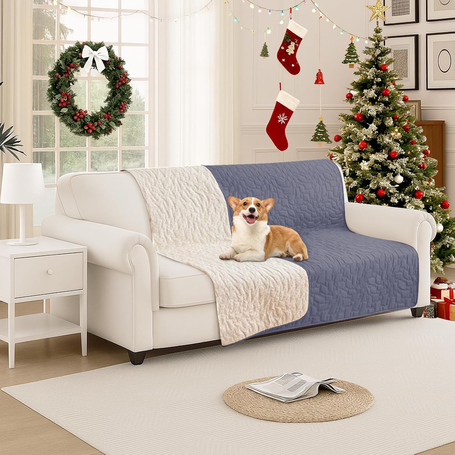 Waterproof Dog Bed Cover, Non-Slip Dog Blanket for Couch, Couch Covers for Dogs Washable, Pet Blanket for Furniture, Pet Bed Mat for Sofa, Car, Pet Supplies (52x82 Inch, Grey Blue)