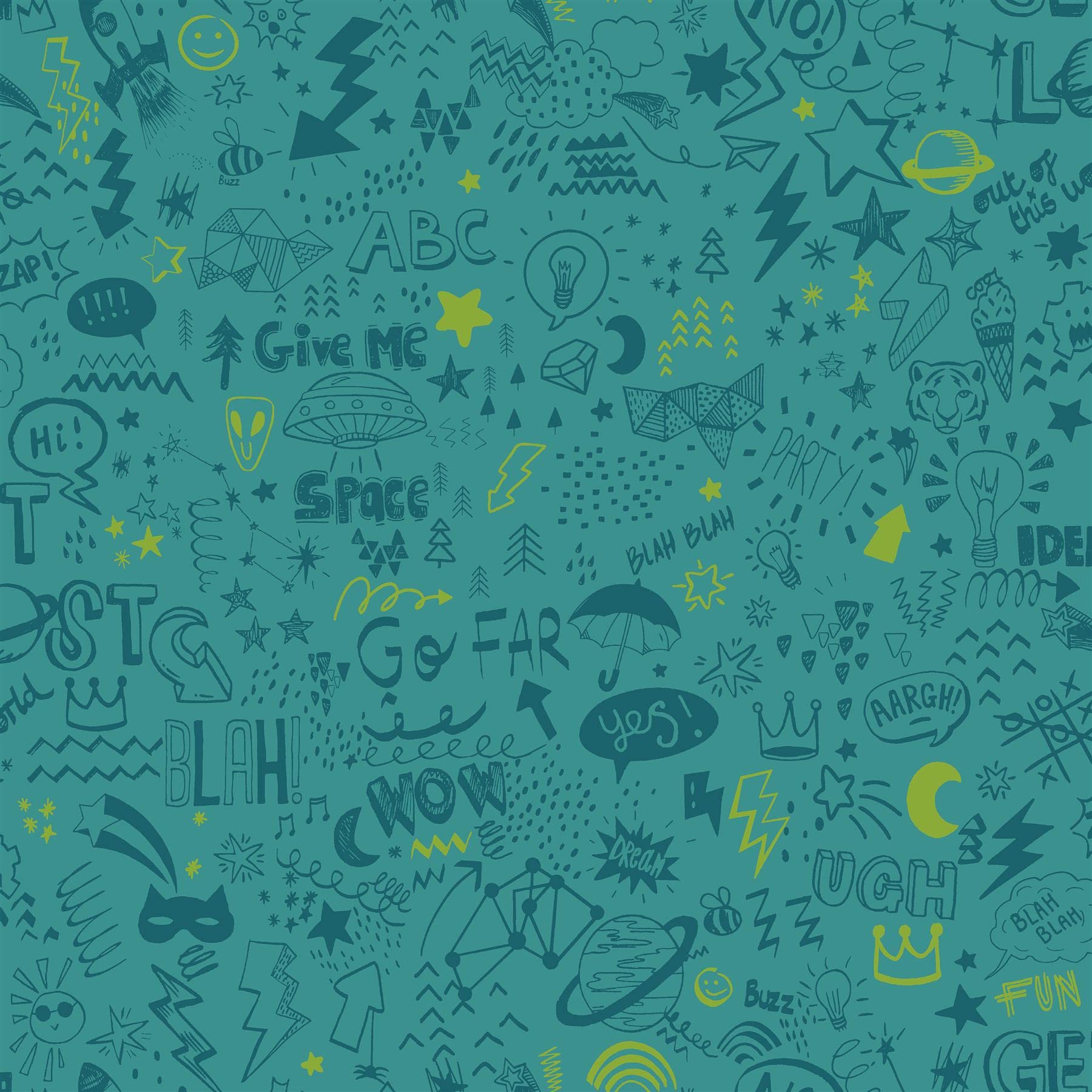 K Collection Doodle Teal/Neon Yellow Kids Bedroom Wallpaper (13341)