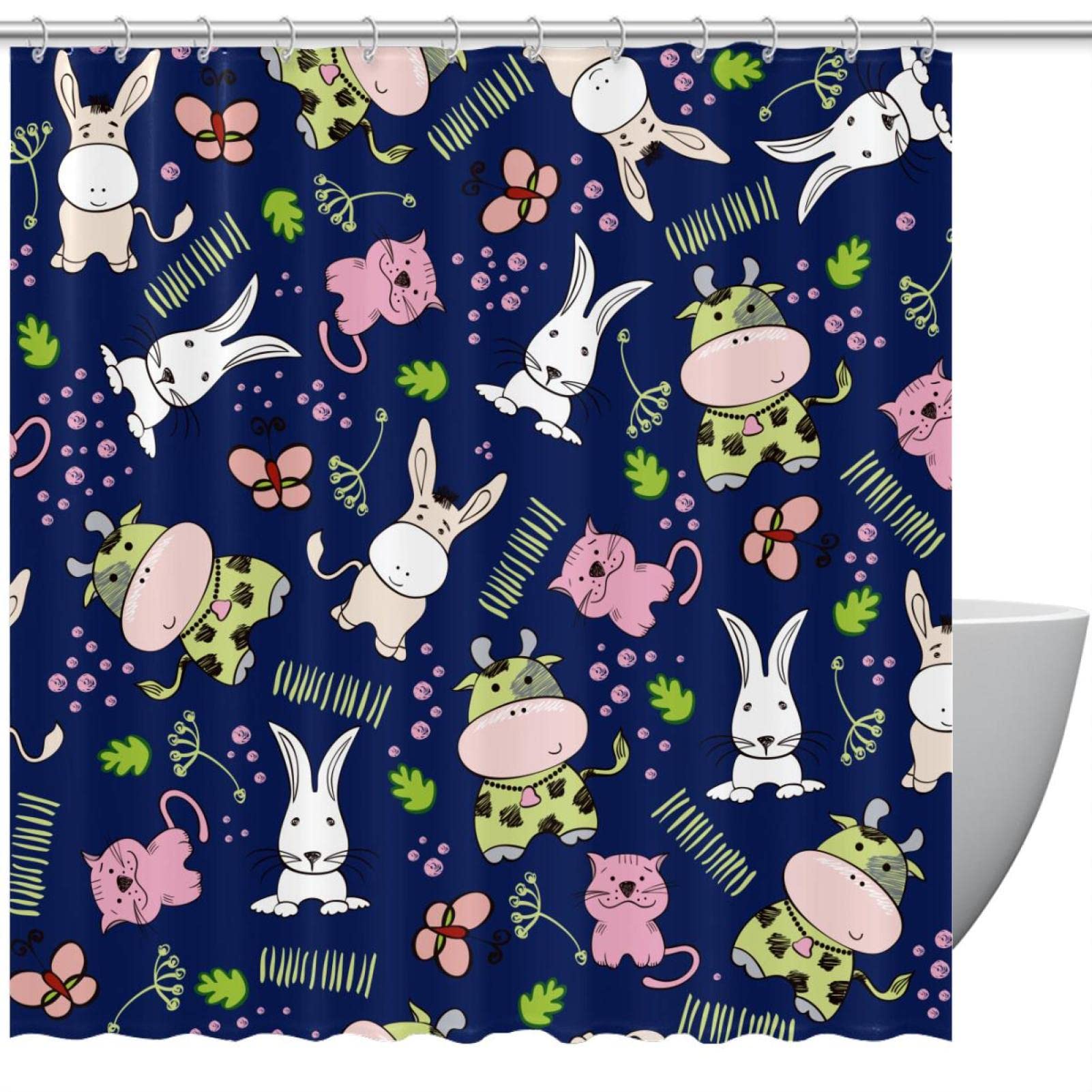 Rideau de douche imperméable motif lapin et vache pour salle de bain standard