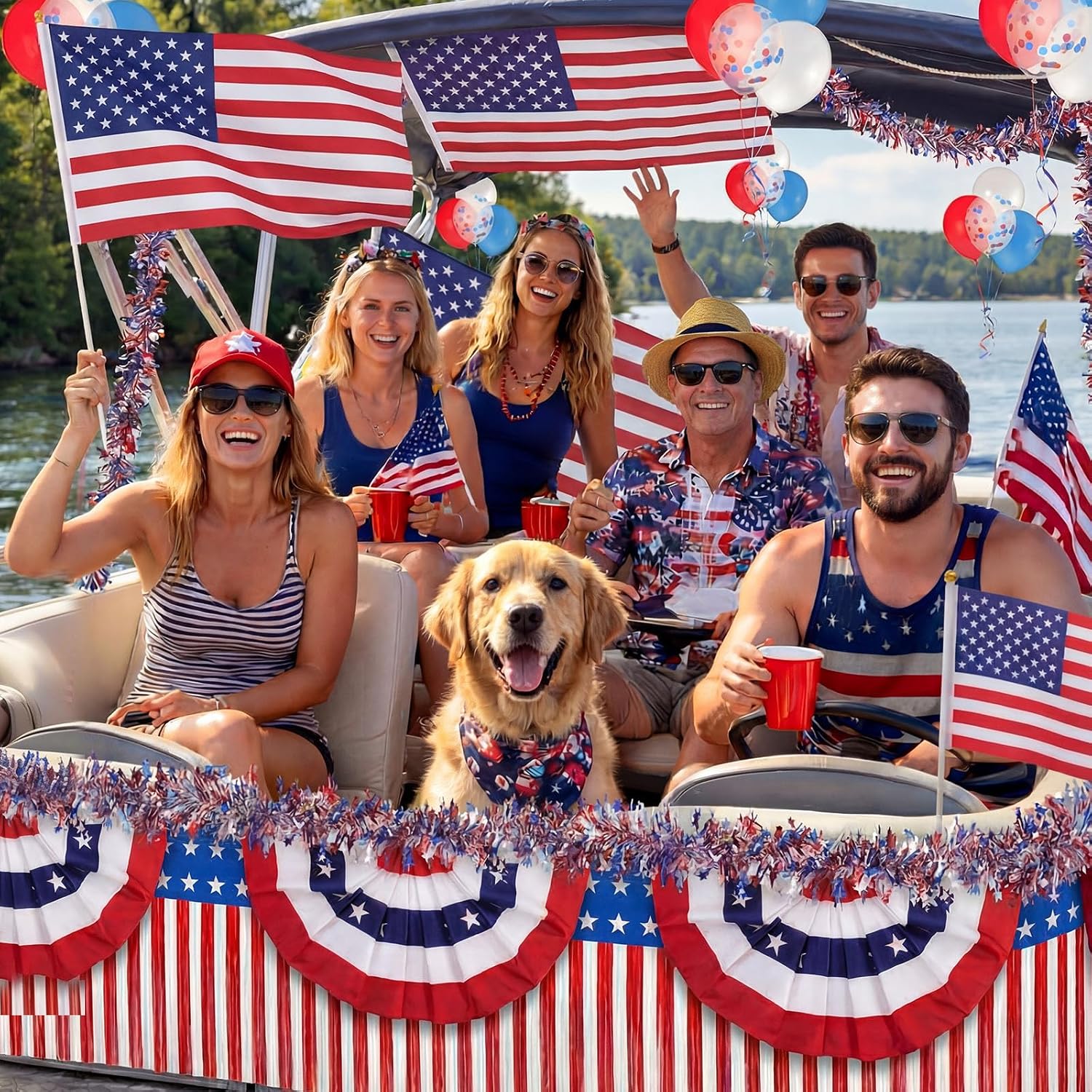 110 Pcs 4th of July Ship Decorations Kit Patriotic Parade Boat Decoration 250th Anniversary Red White Blue Tinsel Garlands Pleated Fan Flag Balloons Streamer Flags Banner Windsock