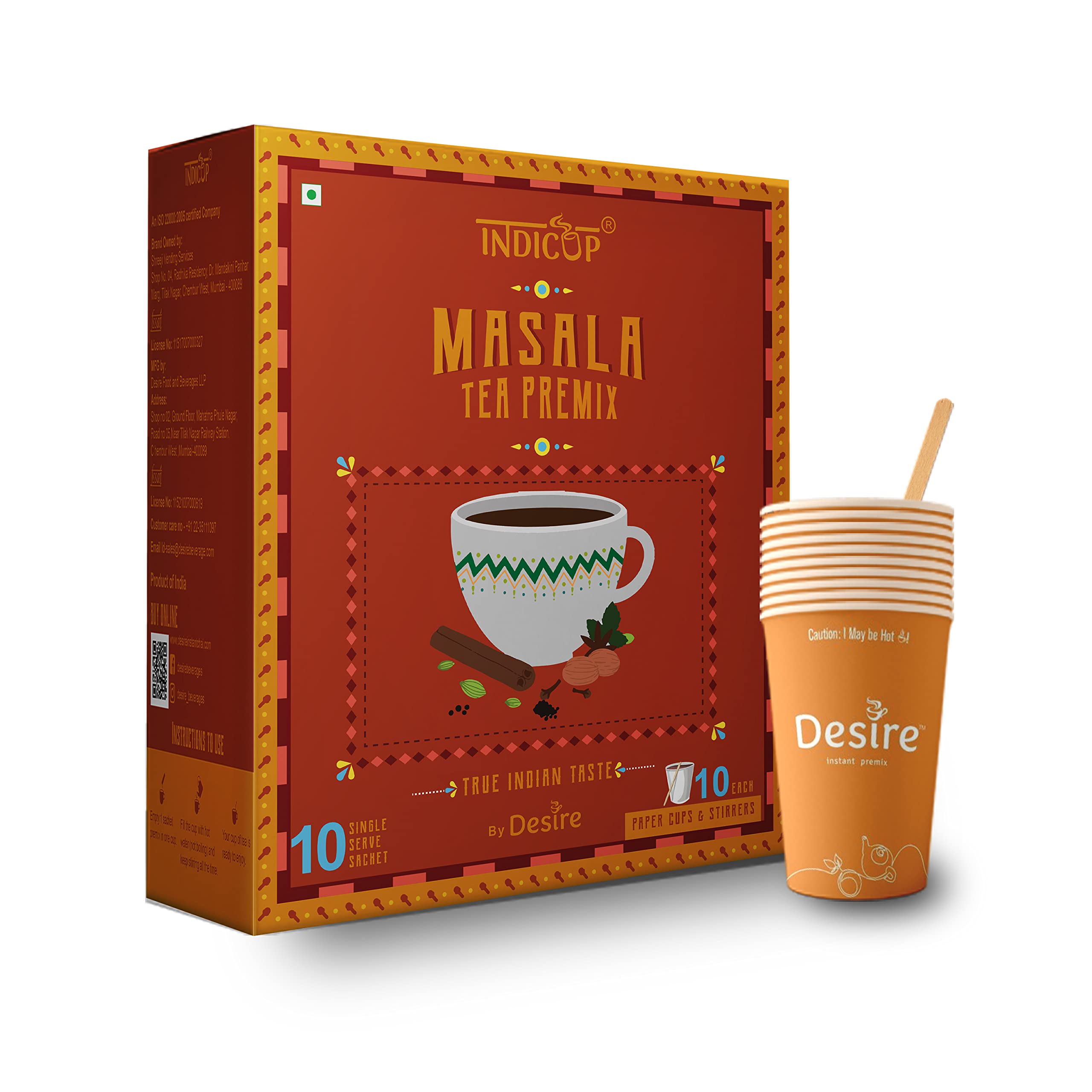 Indicup Instant Tea Premix Masala Chai Powder Sachets with Stirrers | Premix Tea for Travel Friendly & Office Use | Masala Tea Infused with Cardamom, Ginger, Clove, Cinnamon | 10 Cups Included