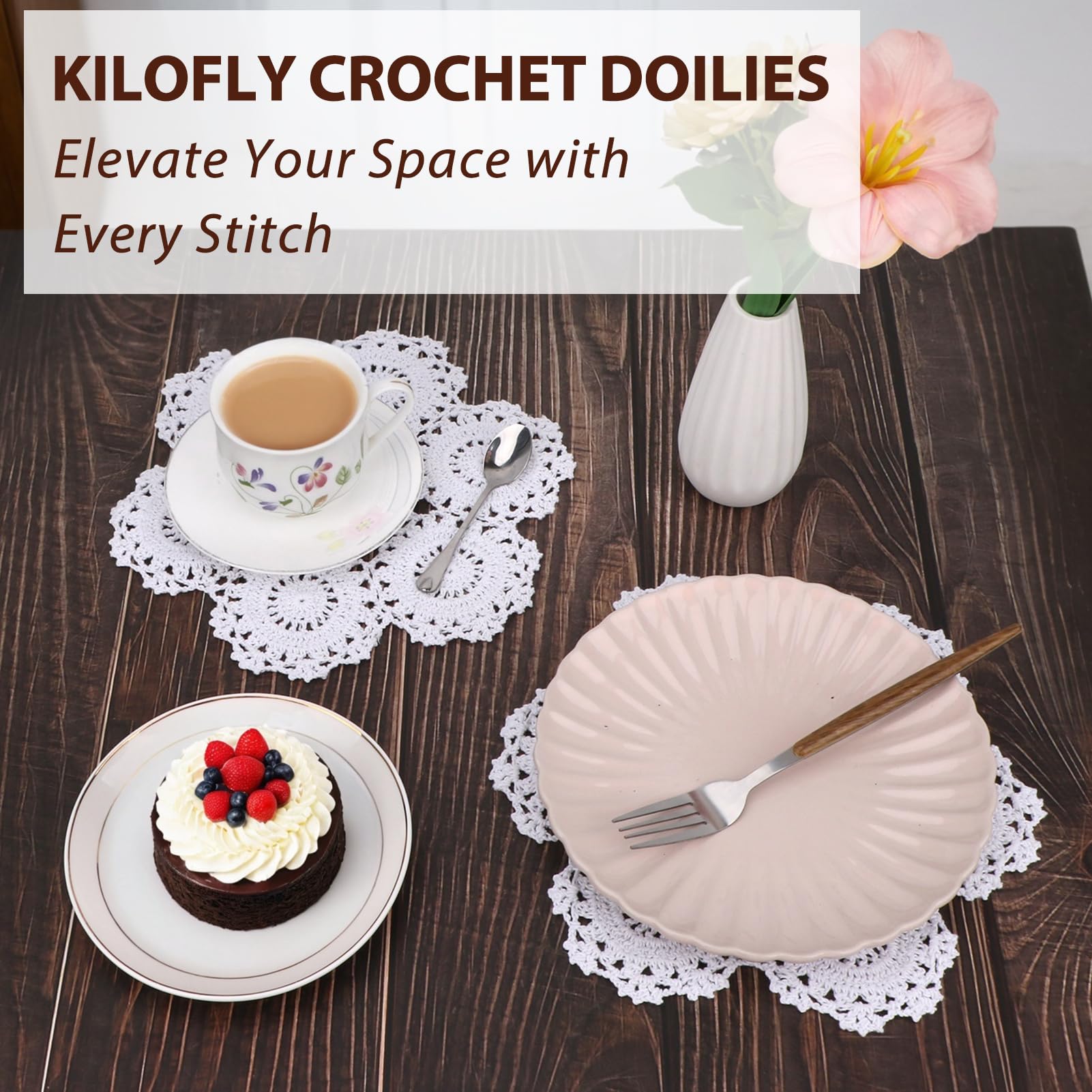 Centrini All'Uncinetto - Set Di 4 Tovagliette Rotonde In Cotone, Design Lotus Bianco - Foto 2