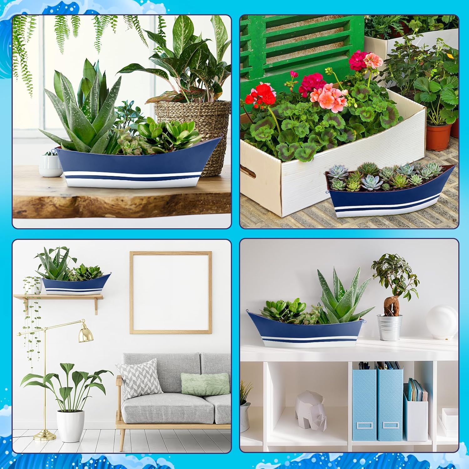 2 Pcs Metal Boat Planters - Garden Boat Planters Nautical Metal Flower Tubs for Herbs, Succulents, Potted Plants, or Wedding Birthday Spring Party Tabletop Decor