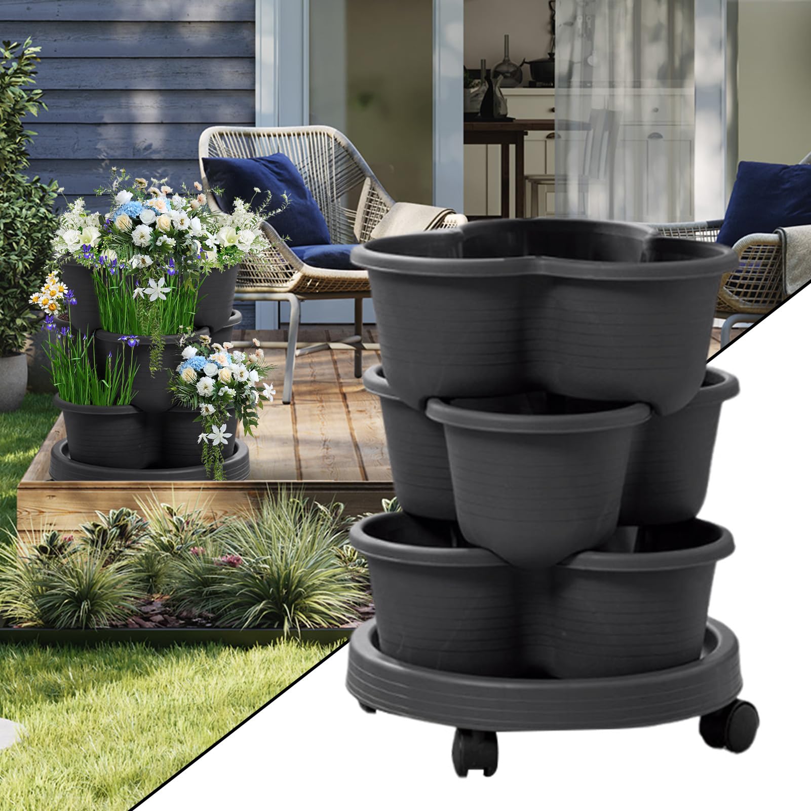 Vasi Impilabili Vaso Impilabile a 3 Livelli | Torre per piante in vaso da giardino per fragole per Giardinaggio e Coltivazione in Casa Interno Esterno Balcone Patio