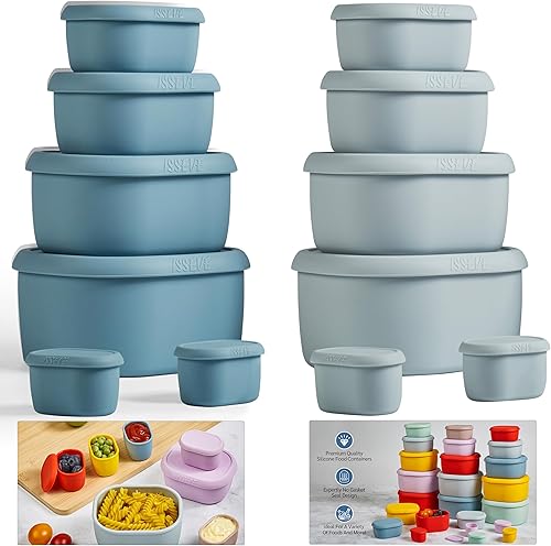 ISSEVE Juego de 12 recipientes de silicona para almacenamiento de alimentos con tapas, sin BPA, reutilizables, recipientes de silicona herméticos,