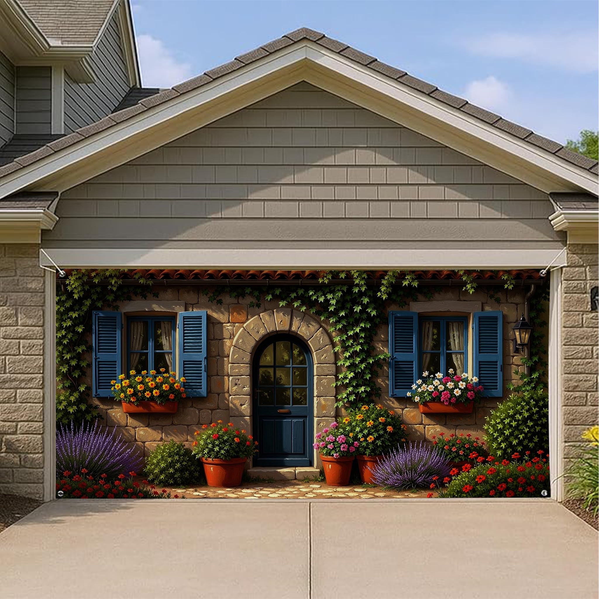 Housse porte garage décoration florale extérieure et grand décor de printemps vintage 400x180