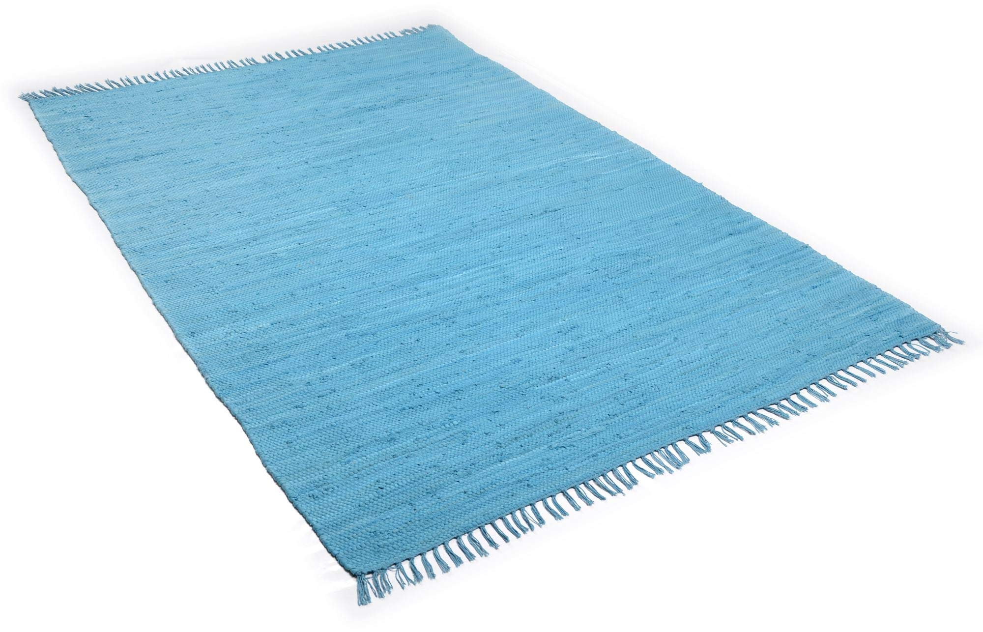 Theko Alfombra Dhurry de algodón 100%, Tejido Plano, Tejido a Mano, Color Turquesa, 70 x 140 cm