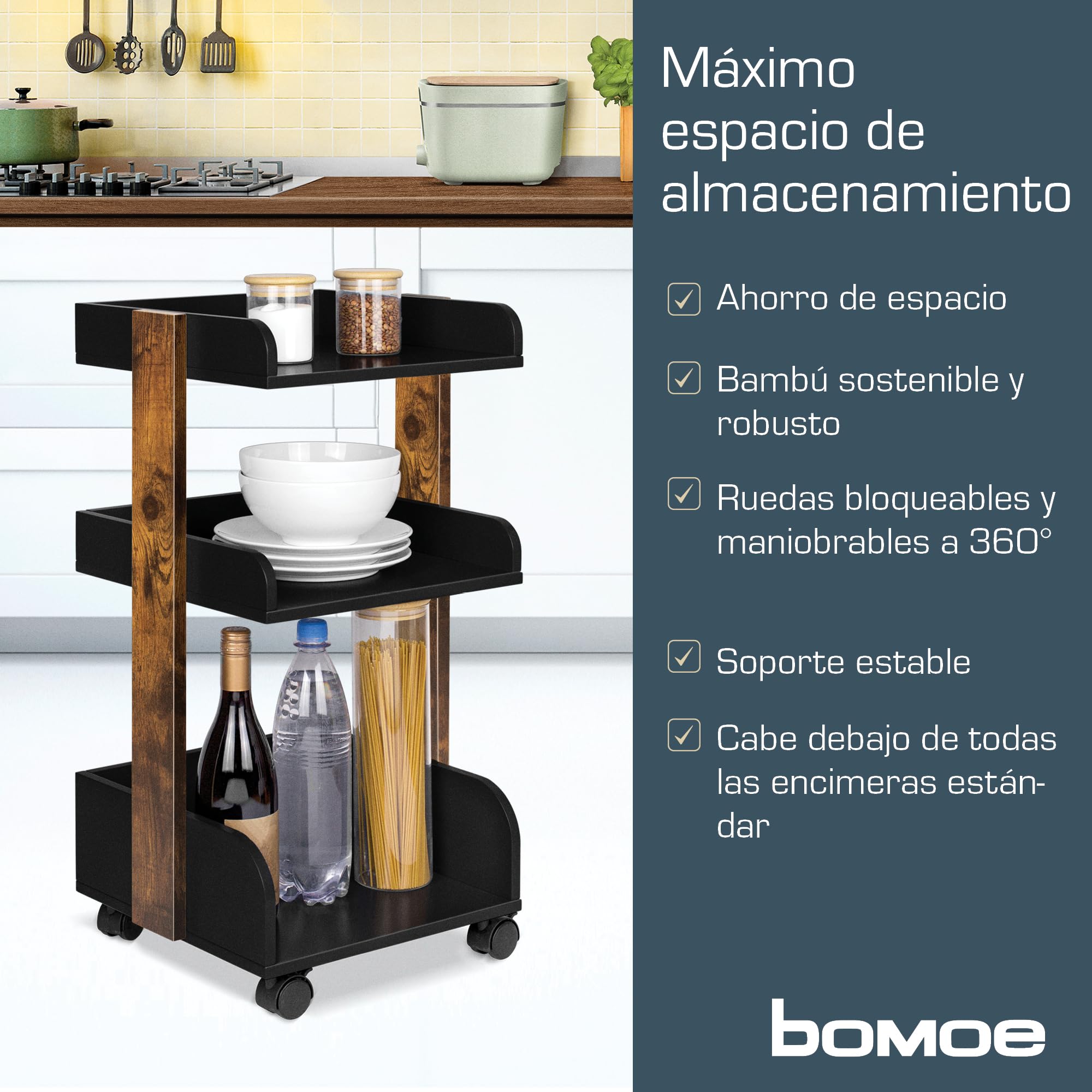bomoe Carro de Cocina con 4 Ruedas bloqueables y 3 estantes Bosse - Madera FSC® Carro para Servir Carro para Manualidades Mesa Mueble Auxiliar Cocina 32x35x69cm Negro y Marrón