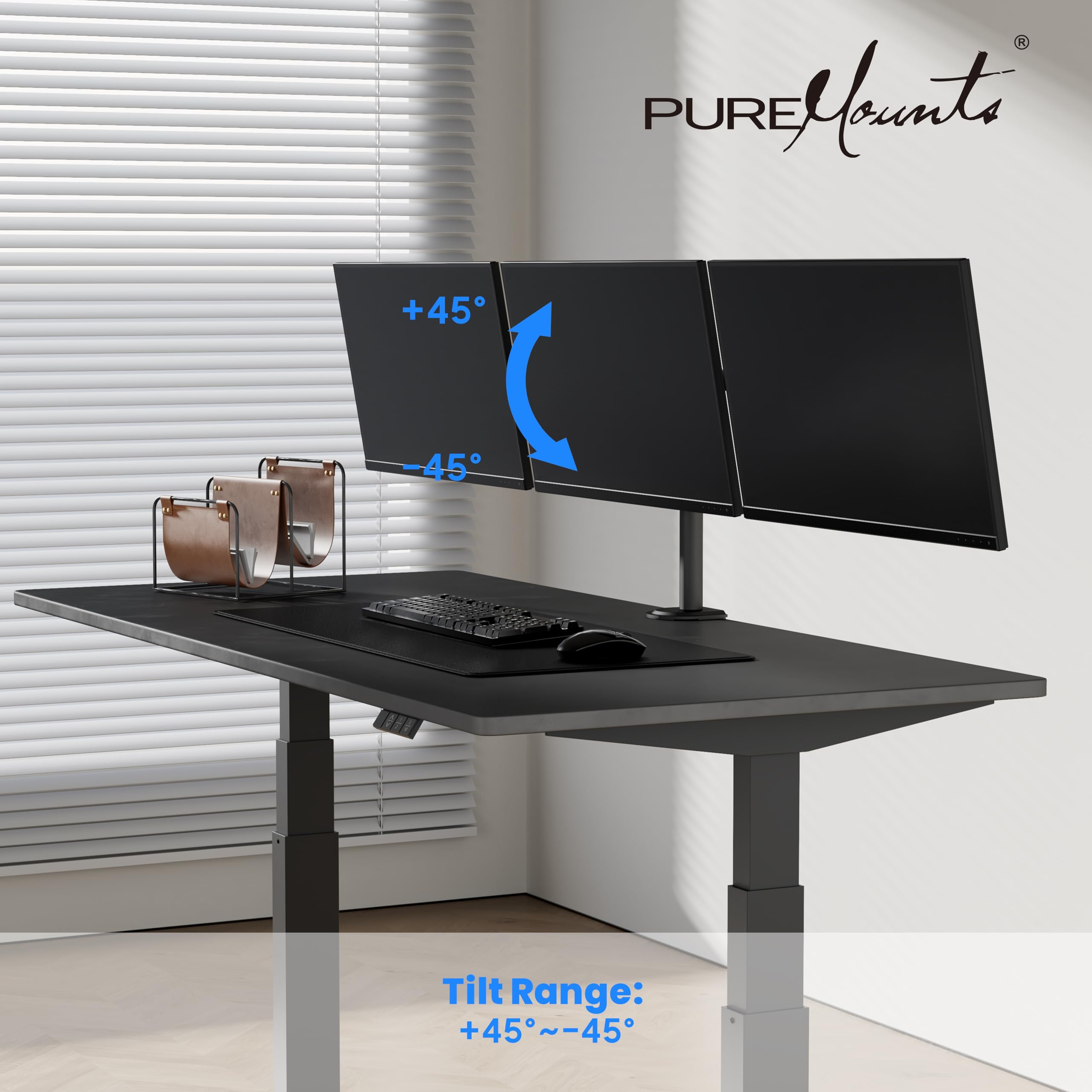 PureMounts supporto per monitor, supporto per monitor per 3 schermi, da 17 a 27 pollici, regolabile in altezza, inclinabile, girevole, VESA 75 e 100, supporto da scrivania, supporto per schermi, nero