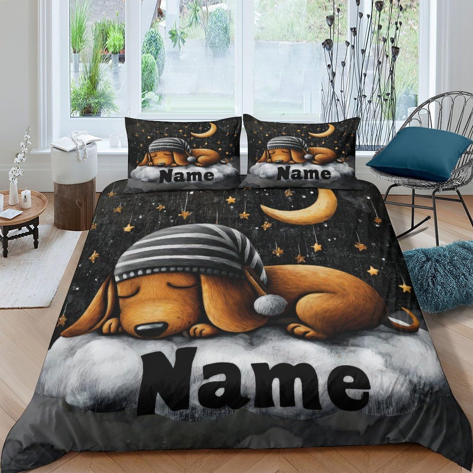 XFKLYNVCJ 3D Printed Sleeping puppy Quilt Cover Microfiber Cartoon night scene Duvet Cover No Iron Soft Comfortable for Young Adults Rental Flat Teen Bedroom Bedding Use King（220x240cm）
