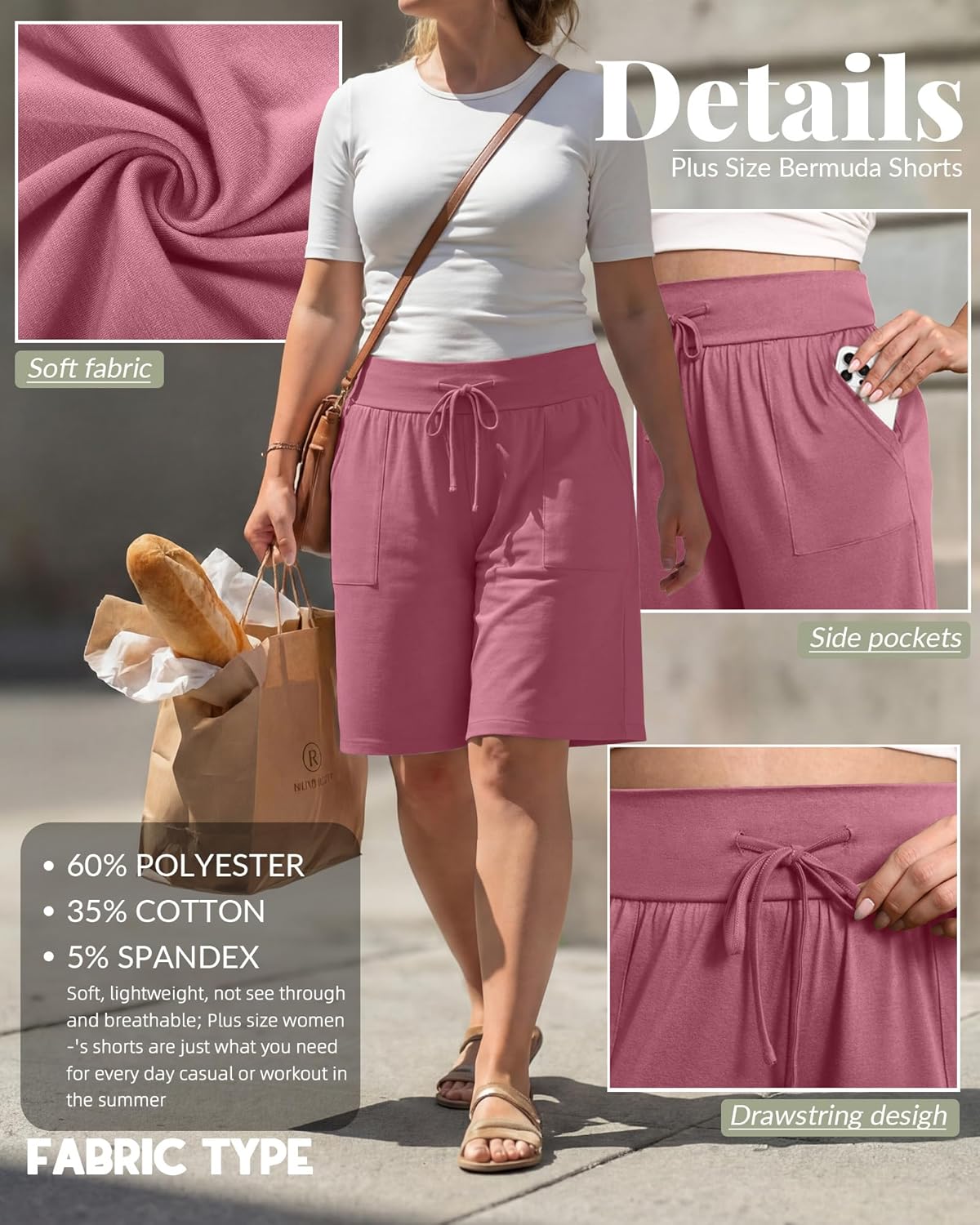 3 Pack Women's Plus Size Bermuda Shorts with Pockets High Waisted Drawstring Knee Length Casual Lounge Shorts