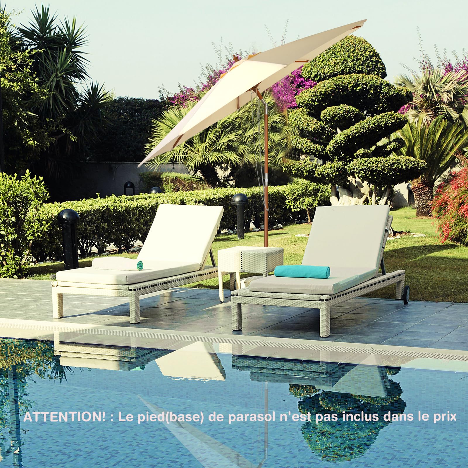 GOPLUS Parasol de Jardin Exterieur 3M, Parasol Inclinable à Corde en Bois avec 8 Baleines en Bambou, Levage par Poulie, Protection Solaire, pour Piscine, Cour, Base Non Incluse