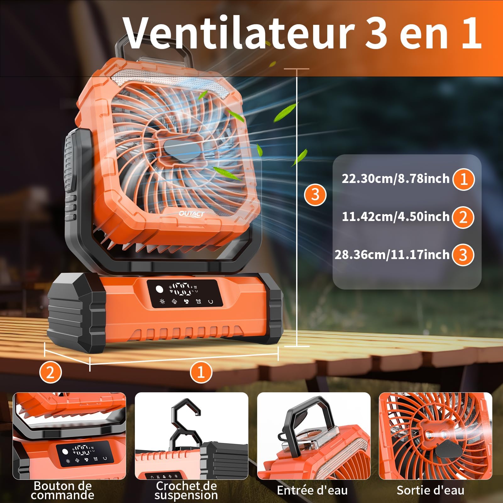 Ventilateur Camping Silencieux avec Lumière, Ventilateur Sans Fil Portable, Mist Fan Batterie Rechargeable 20000mAh avec Rotation et Minuterie, Crochet de Suspension pour Car Extérieur Bureau - Orange | Mist Fan Batterie Rechargeable 20003mAh avec Rotatio