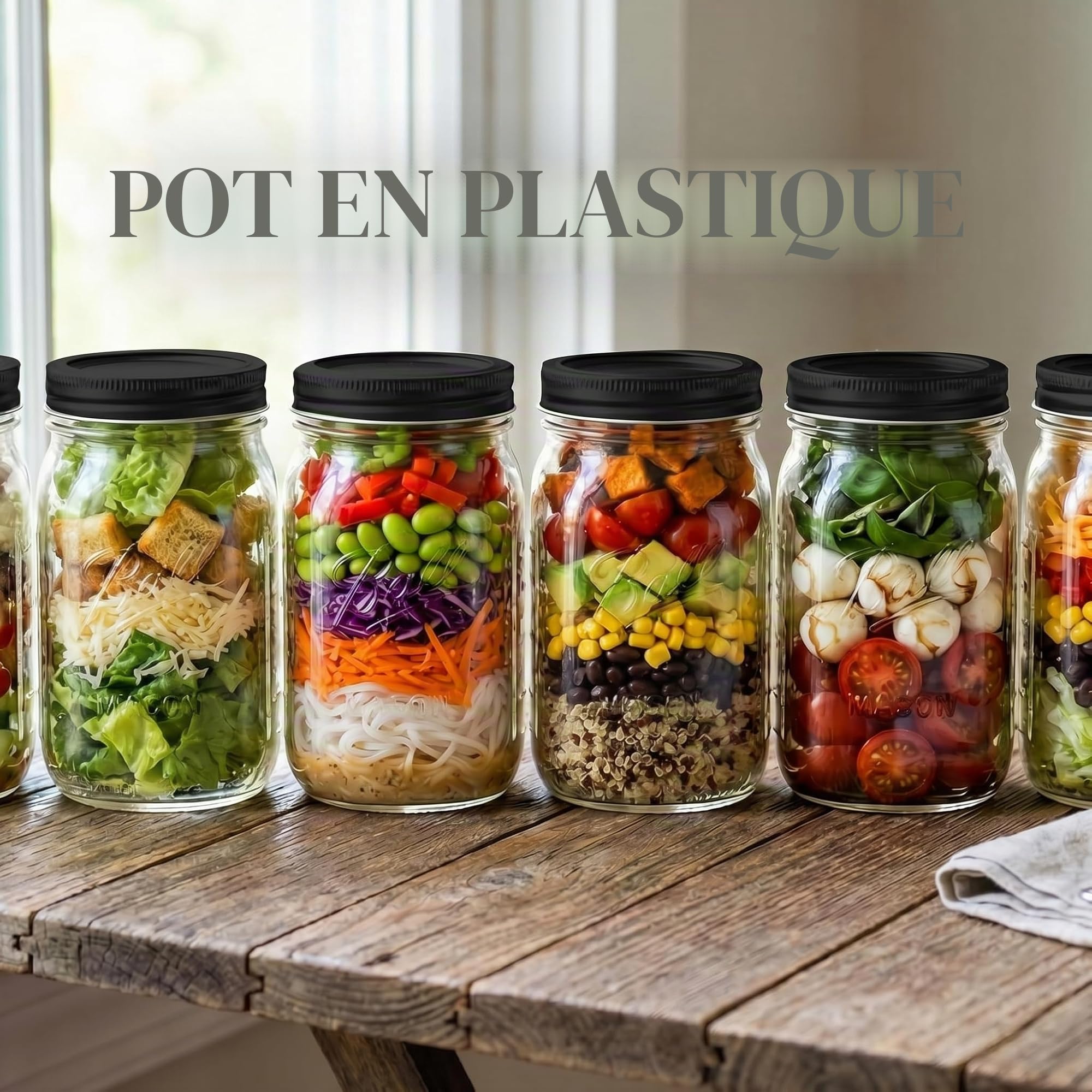 novelinks Lot de 6 bocaux hermétiques en plastique sans BPA avec couvercles en métal, pour garde-manger, épices, collations, cuisine et salle de bain, étanches et réutilisables (noir)