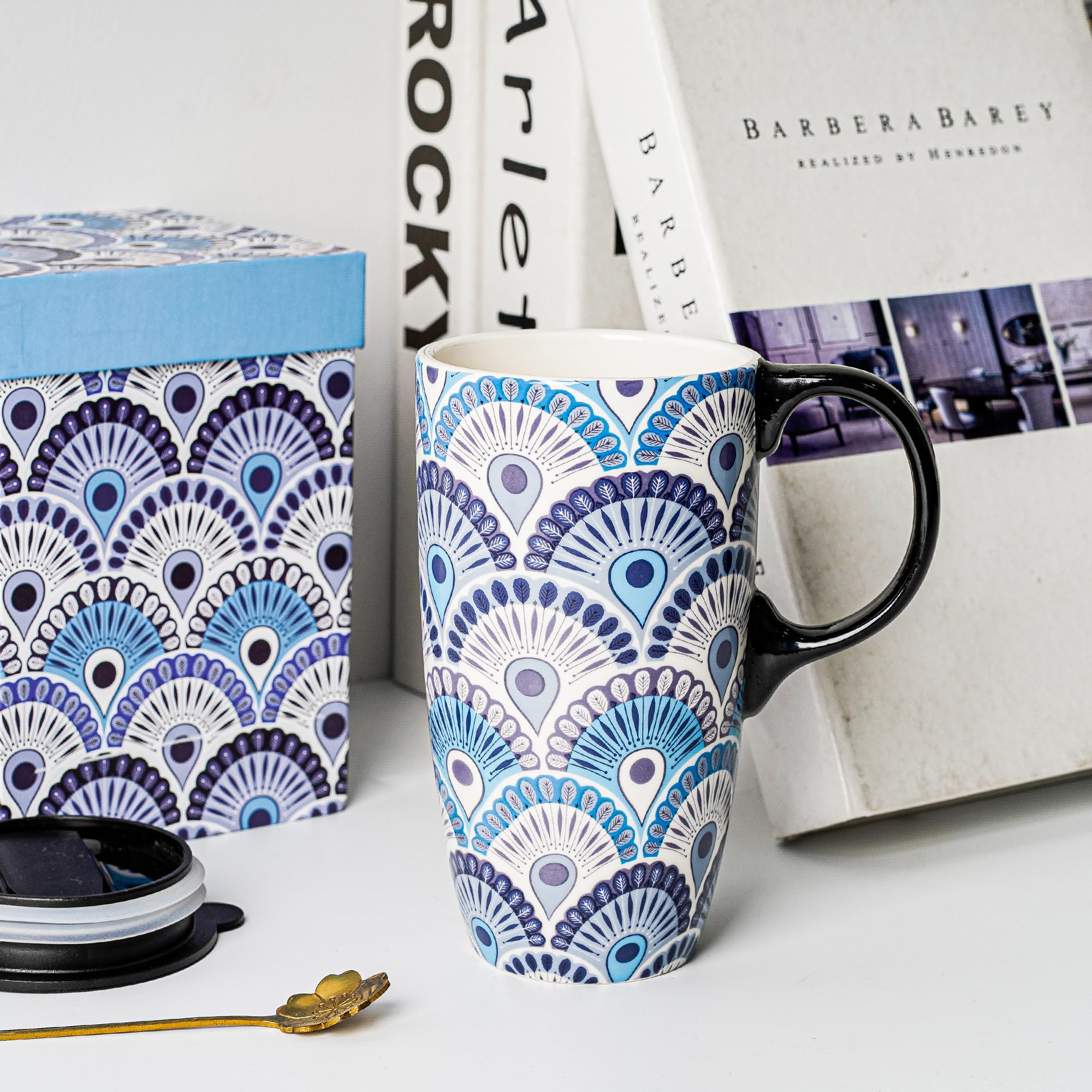 DUSVALLY 17oz Peacock Travel Mug, Spill-Proof Ceramic Coffee Cup with Secure Lid, Ideal for Office Commute & Daily Use - Image 2
