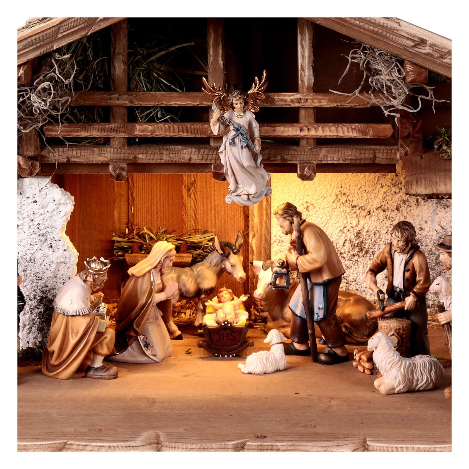 Holyart Alpine Hut Lighting Set 17 Pieces 12 cm Heimatland Nativity Scene Wood Painted Val Gardena
