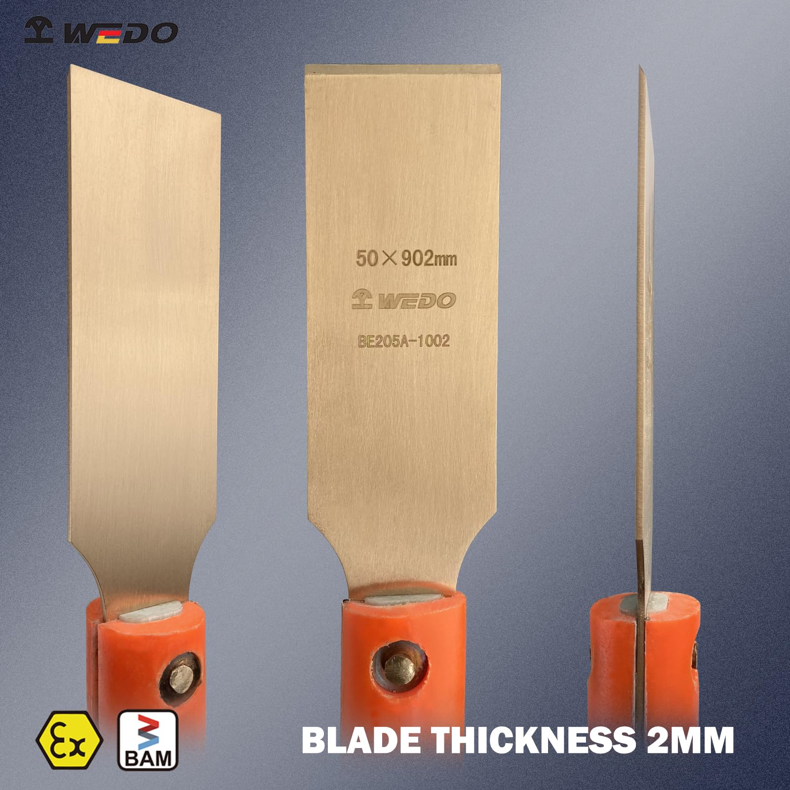 WEDO Raschietto antiscintilla con lama dritta e manico confortevole, strumento di sicurezza senza scintille, rame al berillio, non magnetico, standard DIN, certificato BAM e FM, lunghezza 902 mm